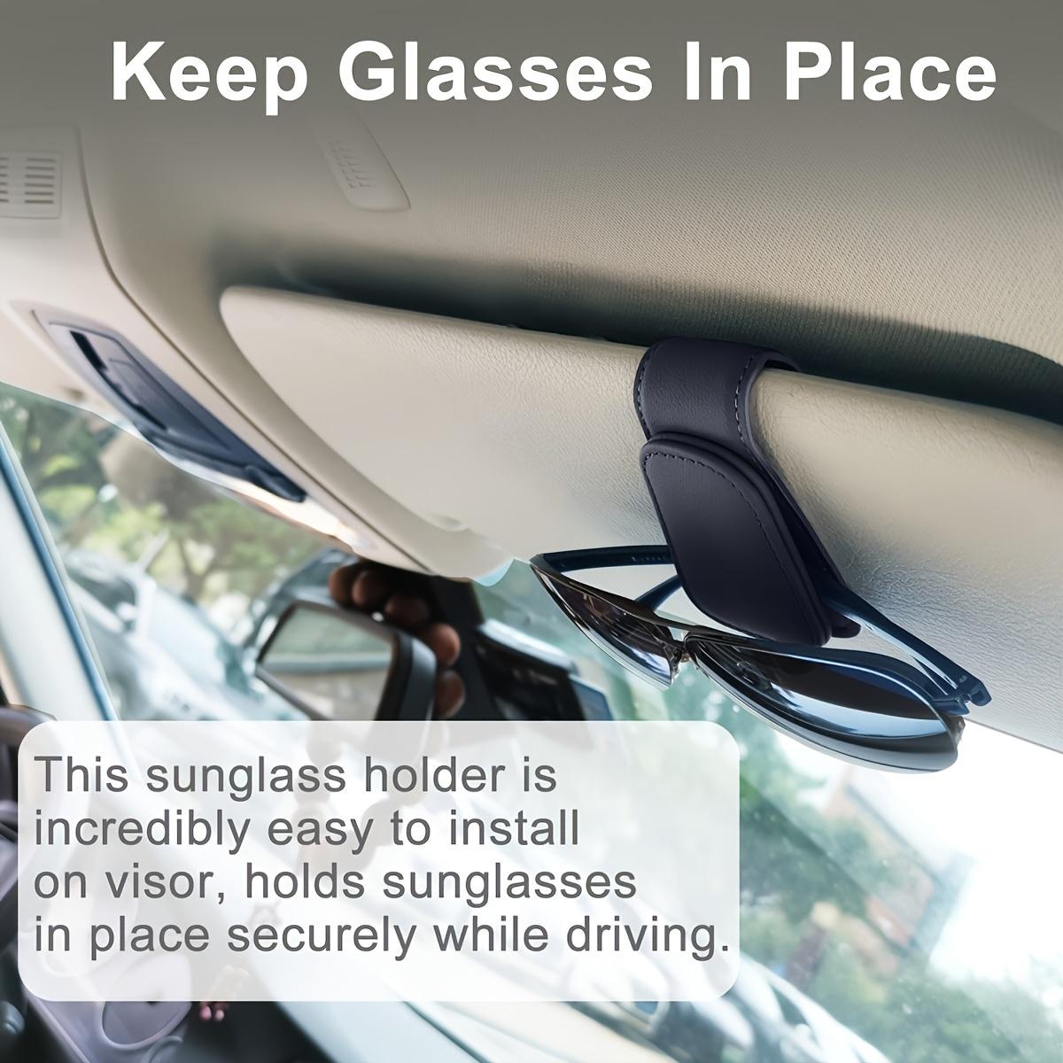 Magnetic Glasses Holder for Car Sun Visors - Synthetic Faux Leather Glasses Hanger Clip with Ticket Card Holder - Convenient for Glasses Installation