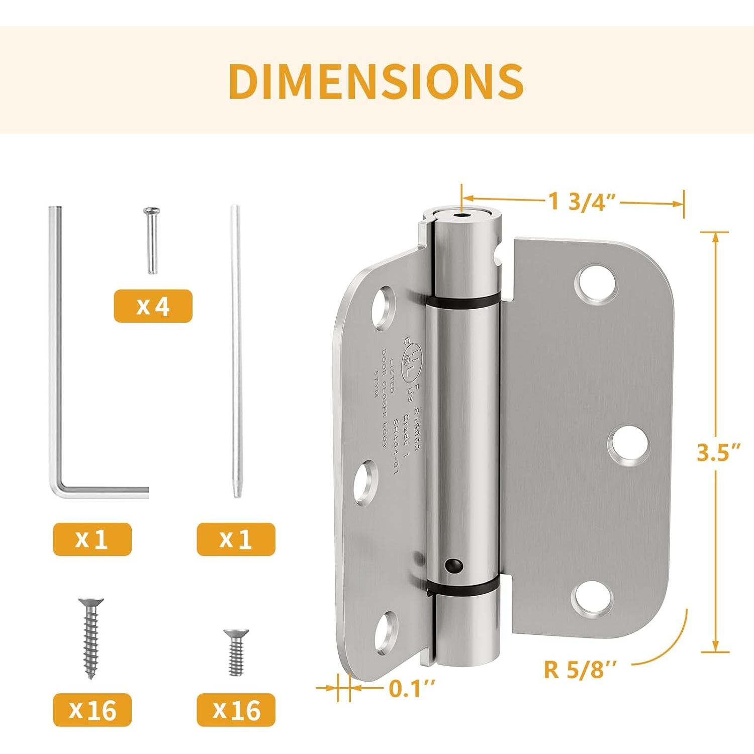 2 Pack Self Closing Door Hinges 3.5 Inch, Adjustable Tension | Spring  Door Hinges for Garage/Front/ Doors, 5/8'' Radius Corners, Fit Left/Right Hand Doors, UL Listed