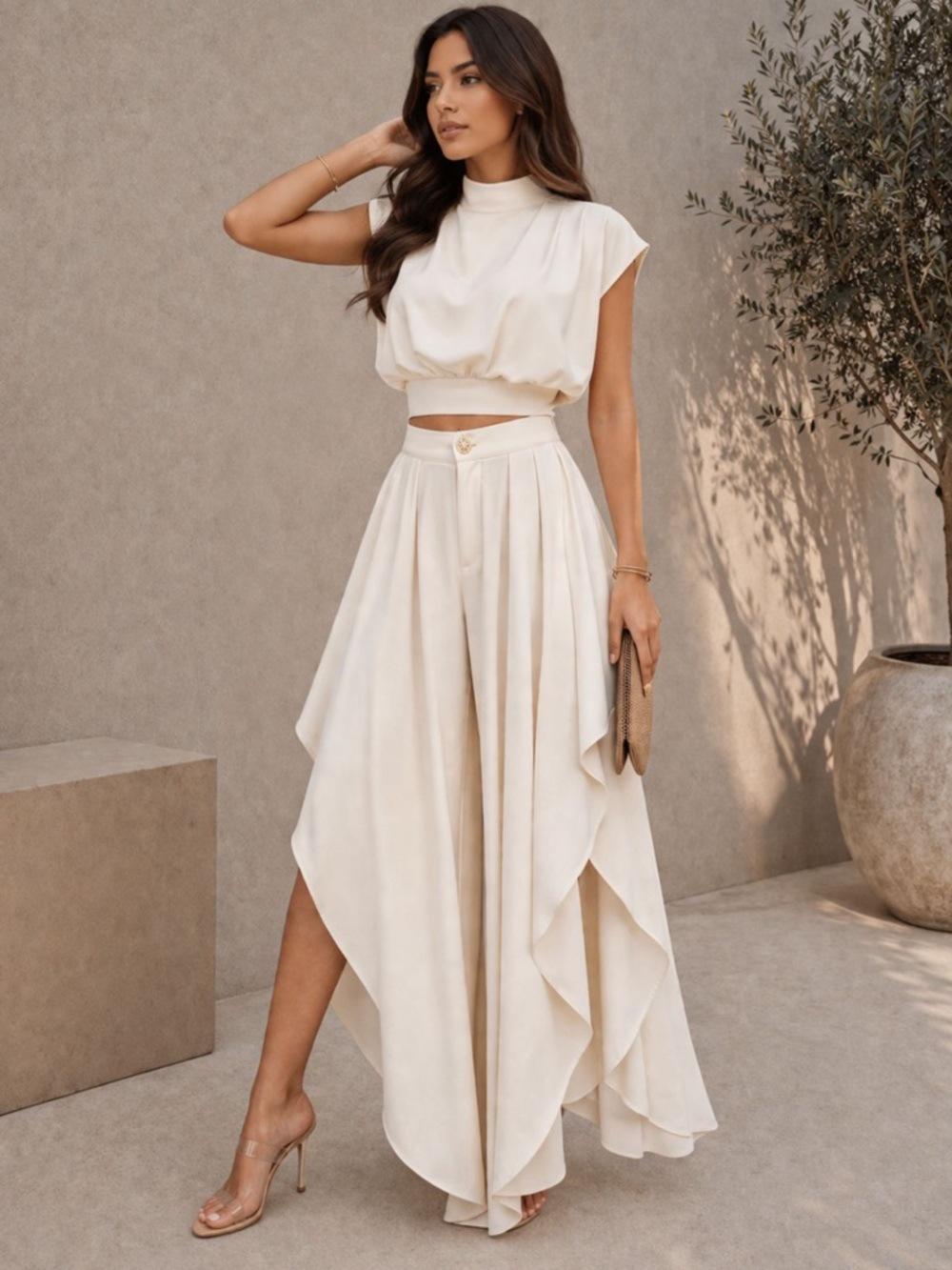Women's 2-Piece Loose French Minimalist Summer Clothing Set - High-Neck Sleeveless Crop Top, Asymmetric Ruffled Wide-Leg Polyester Blend Pants, Oversized, Basic