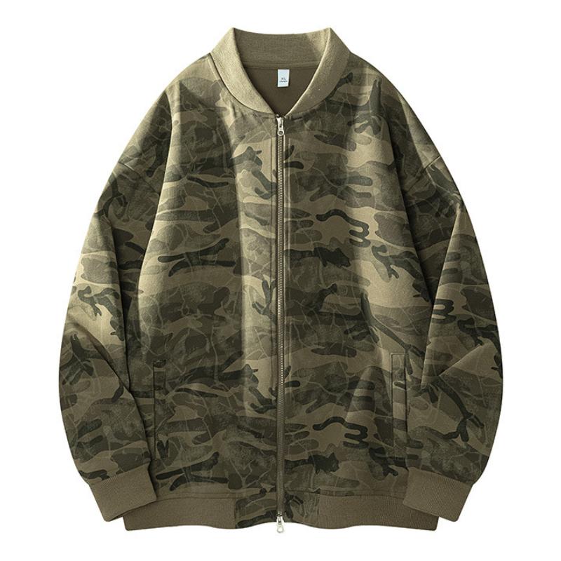 Men's Camo Black Longsleeve Zip-Up Baseball Collar Flying Jacket - Casual Street Outdoor Wear, Full-Front Zipper, Side Pockets, Loose-Fit Polyester Menswear Top for Spring, Autumn Daily Commute, Machine Washable