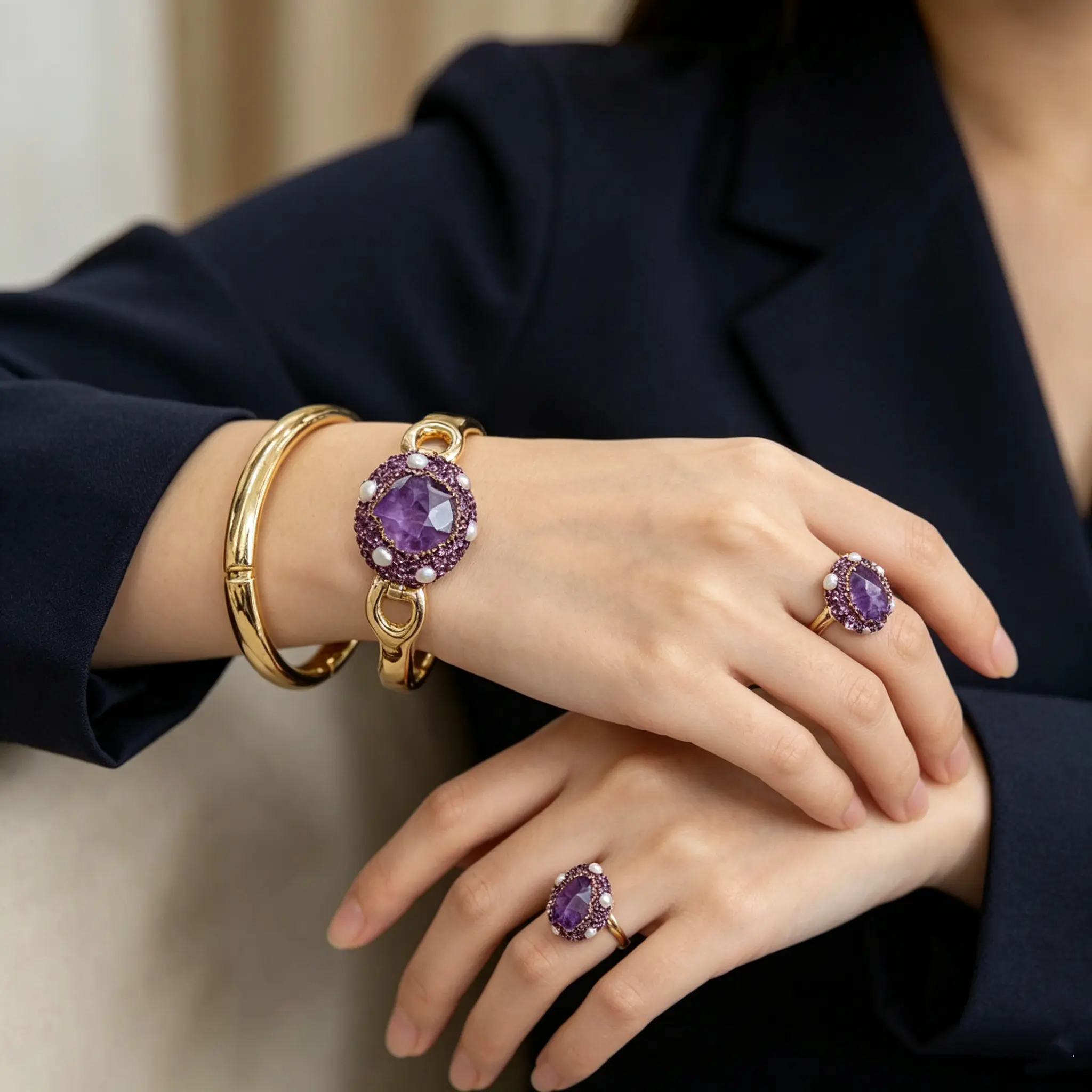 Women Amethyst Rough Stone Jewelry Set, Gold Plated Open Cuff Bangle & Statement Ring, Inlaid Purple Rhinestone & Pearl, Luxury Fashion Jewelry Gift