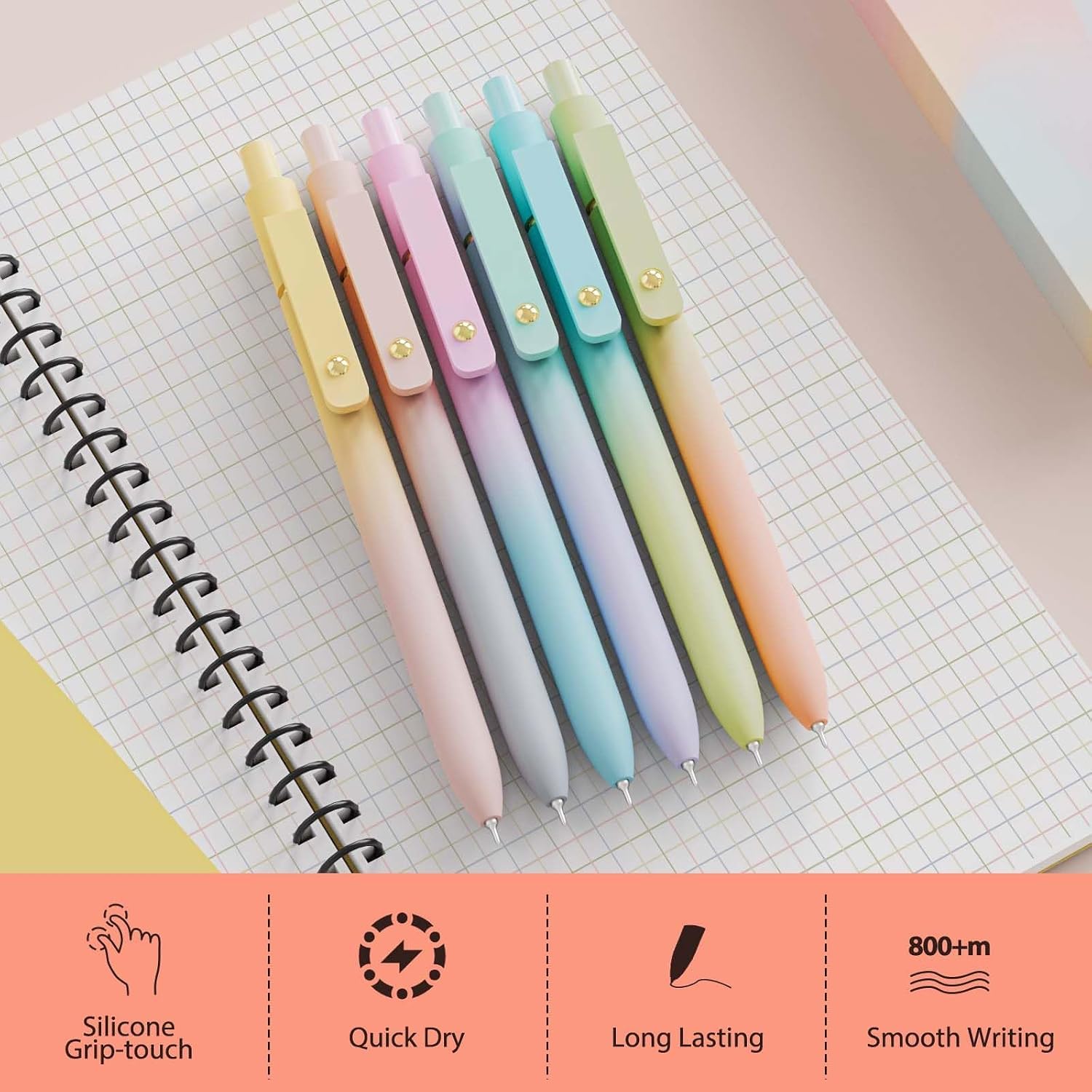 Gel Pens, 0.5mm Quick Dry Black Ink Pens Fine Point Smooth Writing Pens,Cute Office for School Supplies,  for Women Men Student(Gradient-6Pcs)