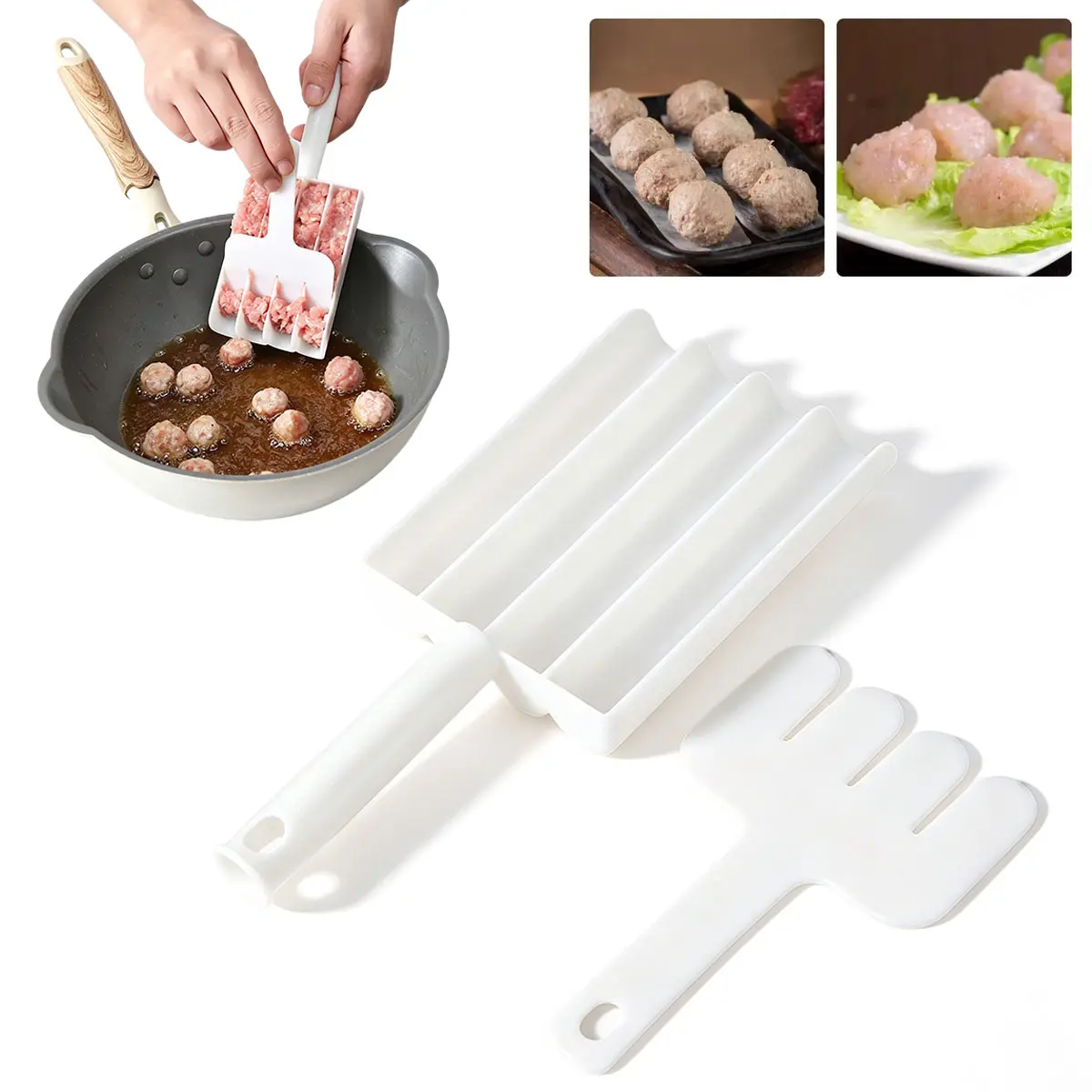Kitchen 4-in-1 Meatball Maker with Push Scraper, Food Grade PP Quick Meat Ball Making Tool DIY Creative Meatball Maker Mold for Rice Balls, Fish Ball Making