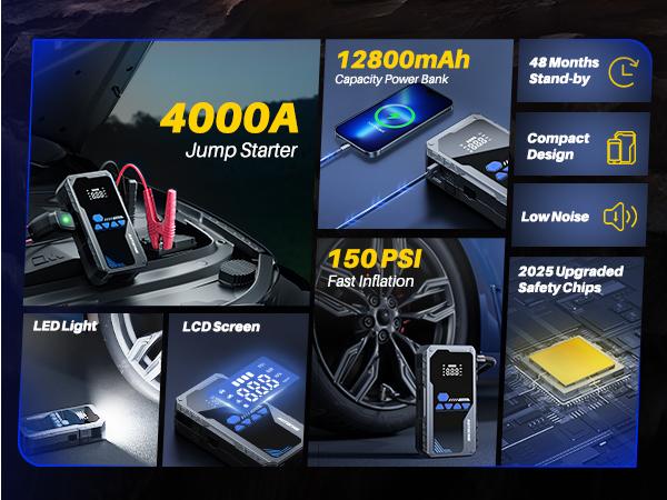AUTOONE 12800mAh Jump Starter with Air Compressor (10L Gas/8.0L Diesel), 150PSI Car Battery Jumper Starter Portable, 4000A Jump Box Tire Inflator with LED Flashlight, LCD Display, Storage Case