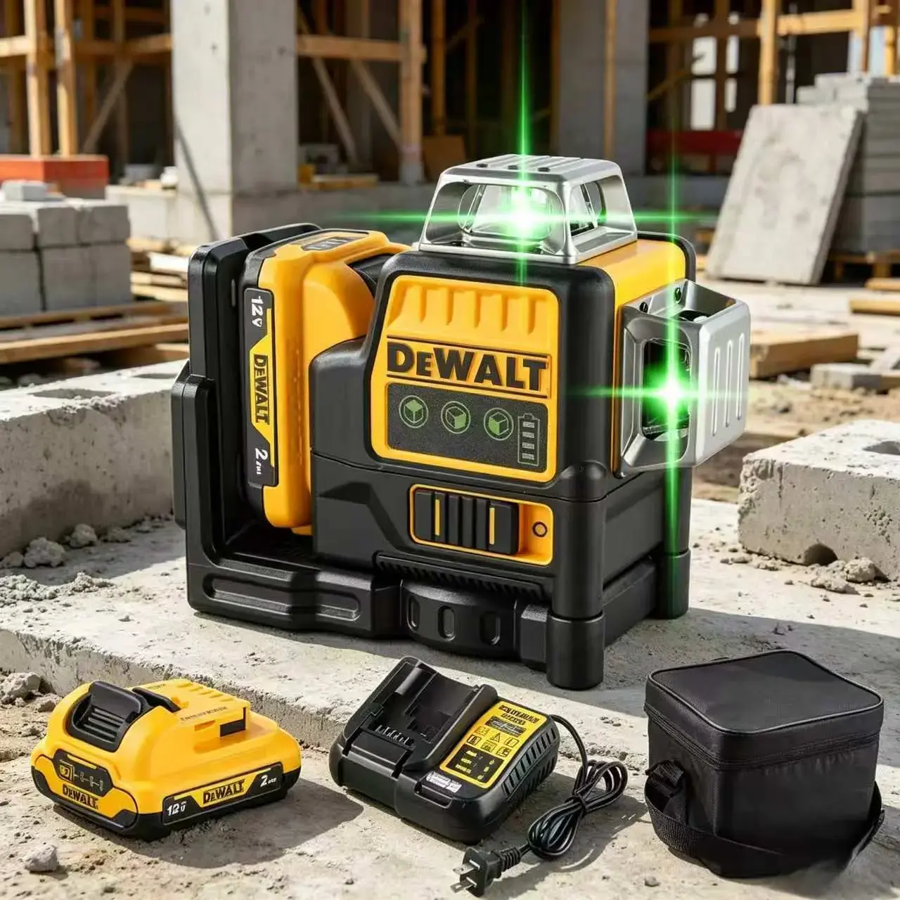 DeWalt 089lg-Chargerus Green Beam 12-Line 360° Self-Leveling Electronic Laser Leveler Tool with Batteries, Cross Line Laser, Magnetic Multitools & Accessories for Construction Layout Contractors