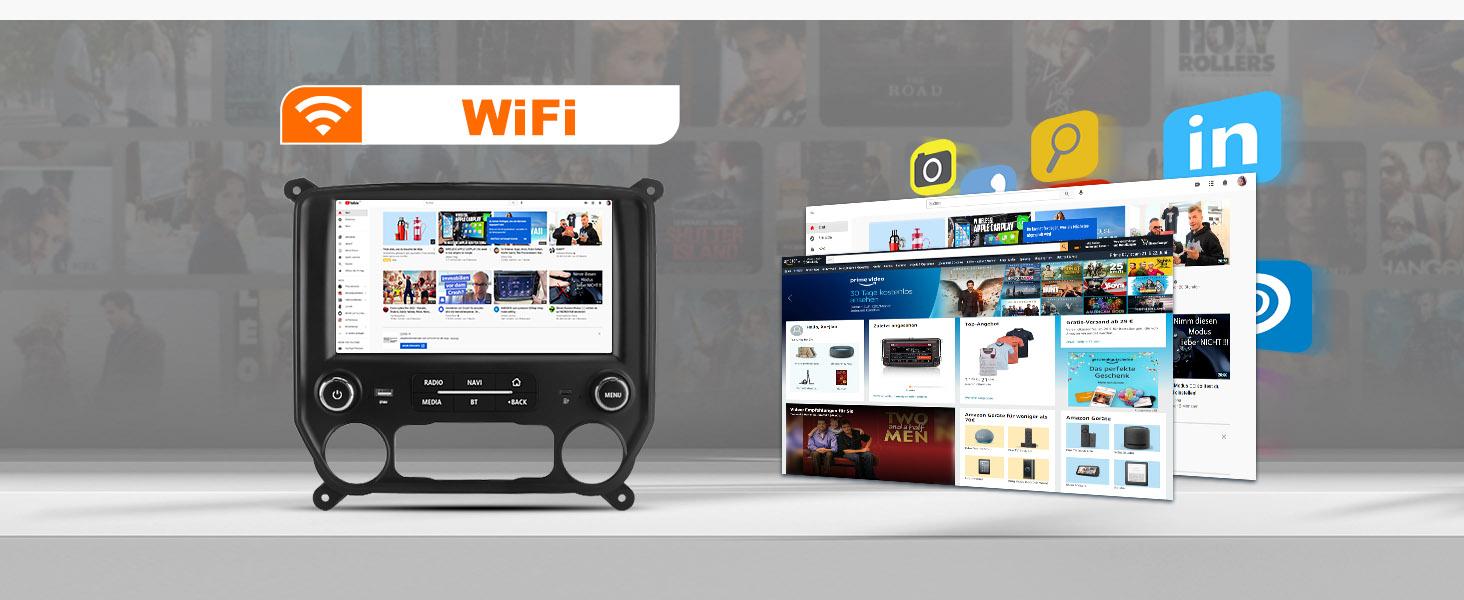 Car Stereo for Chevy Silverado GMC Sierra 2014-2018 touch screen has Android Auto Wireless Carplay, Bluetooth WIFI supports GPS Navigation (With Bose system, you need to purchase an additional fiber optic box! ! !）