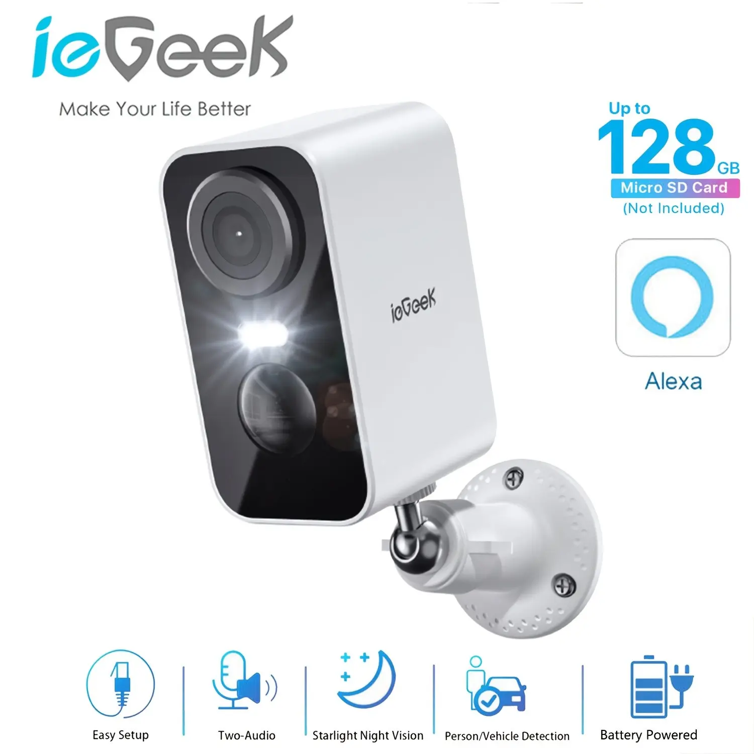 Wireless Outdoor Security Cameras, 2K 4MP Battery-Operated WiFi Security Camera with Spotlight and Siren Alarm, Two-Way Audio, Color Night Vision, AI Detection for Home Safety, Works with Alexa