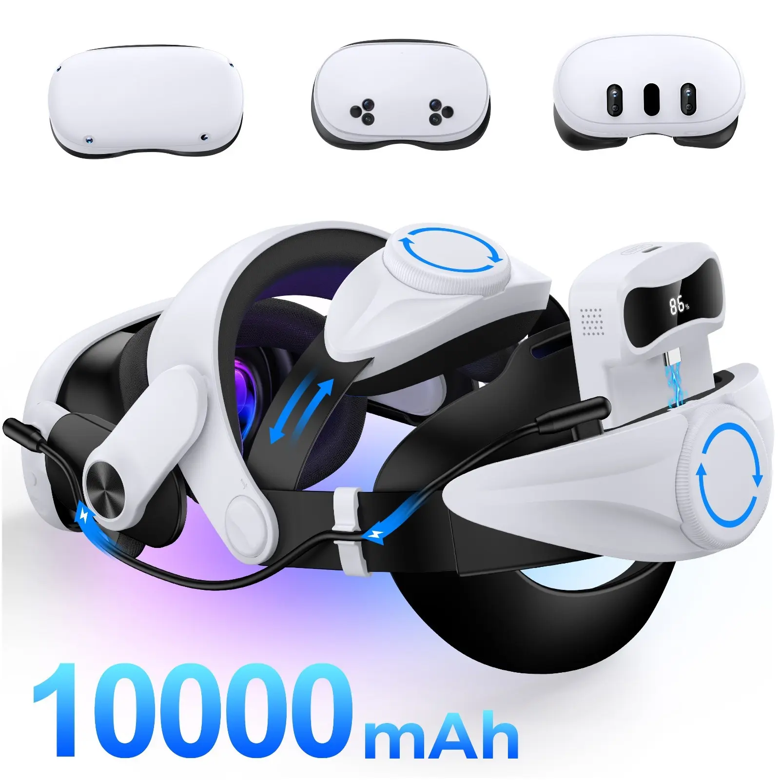 for Meta Quest 3S/3/2 Head Strap with 10000mAh Hot-Swap Bateries for 4-5H Playtime,Adjustable VR Headset Strap Accessories, with LED Battery Indicator
