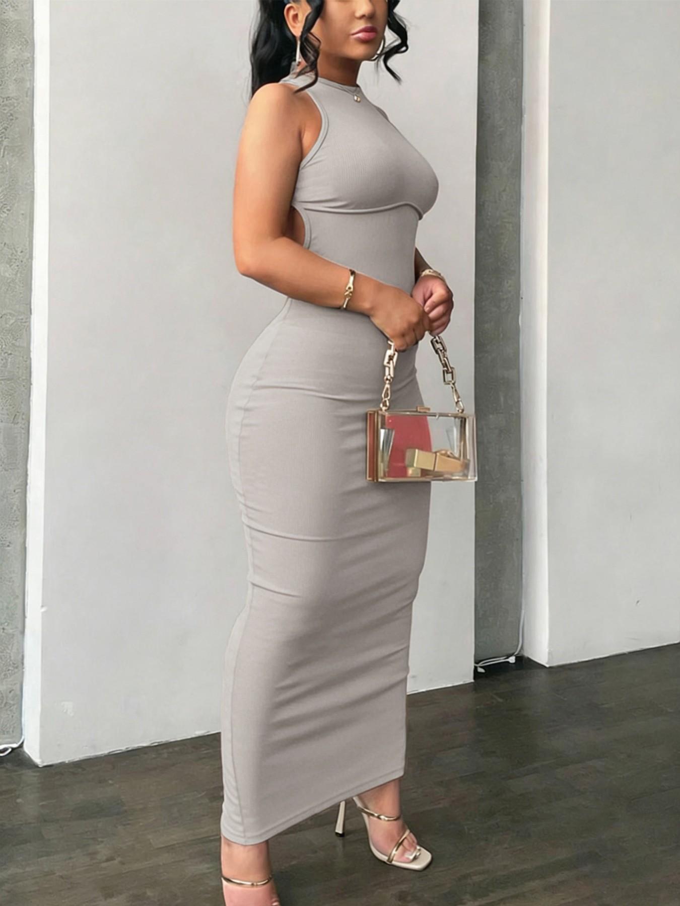 Women's Sexy Chic Off-Shoulder Midi Dress, Backless Criss Cross Design, Split Hem, High Stretch Fabric, Casual Long Sleeveless Dress