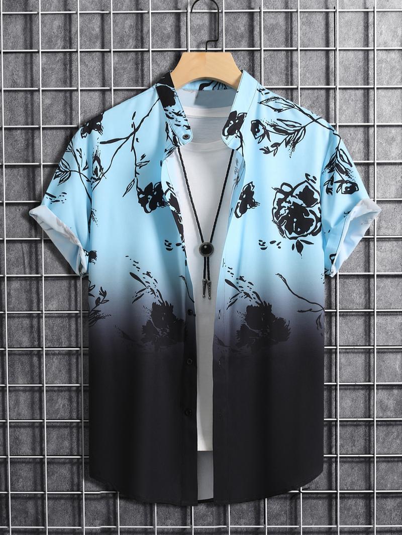 Men's Ombre Floral Print Button Front Shortsleeve Shirt, Regular Fit Streetwear Casual Short Sleeve Stand Collar Top, Summer Clothes for Daily Wear, Summer Clothes, Menswear, Button Up Shirt