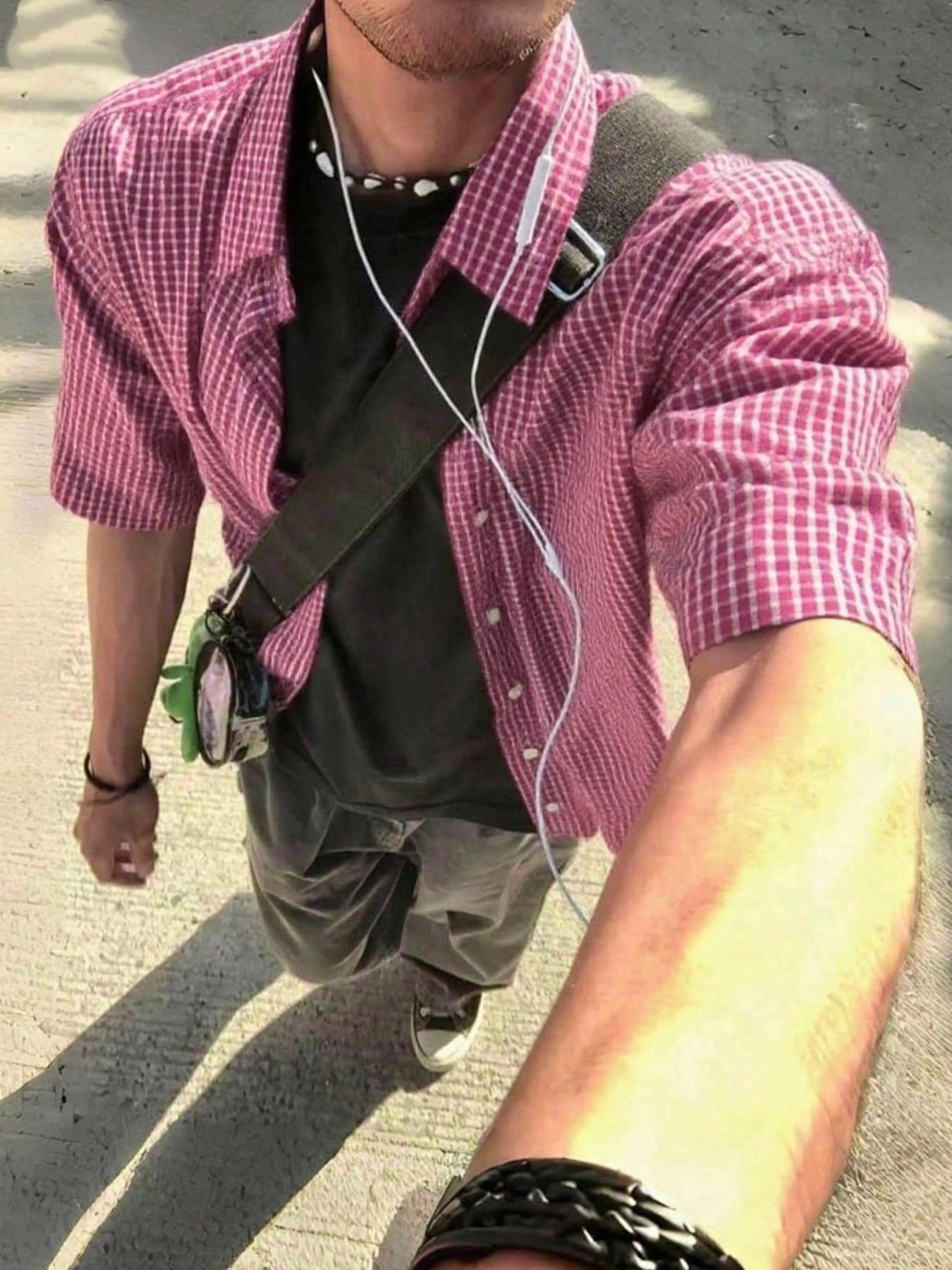 Men's Summer Plaid Short Sleeve Shirt, Single Button Casual Fashion Fitted Vintage Style, Trendy Street Fashion, Outdoor Wear, Fresh Minimalist Design