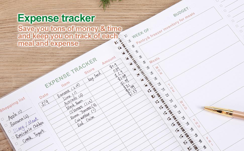 Soligt Weekly Meal Planner Notebook and Food Planner with Easy Tear off Grocery List & Expense Tracker Organizer, 52 Weeks, 10"X7", Spiral Design notebook