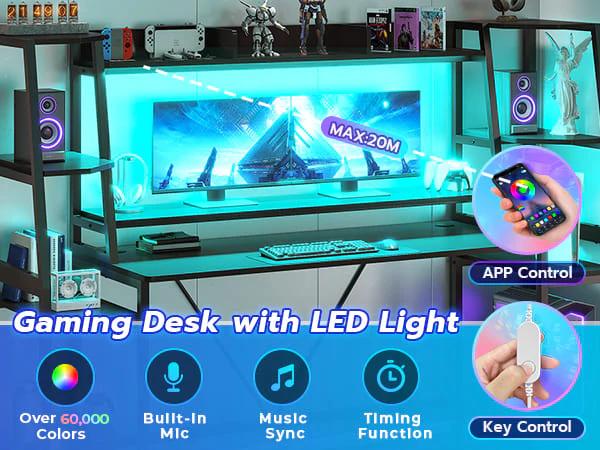 Sikaic 78.8 Inches Large PC Gamer Ergonomic Gaming Desk With LED Lights Hutch Furniture Shelves Table Modern FathersDayGift Dual Monitor Riser Dual Monitor Stand