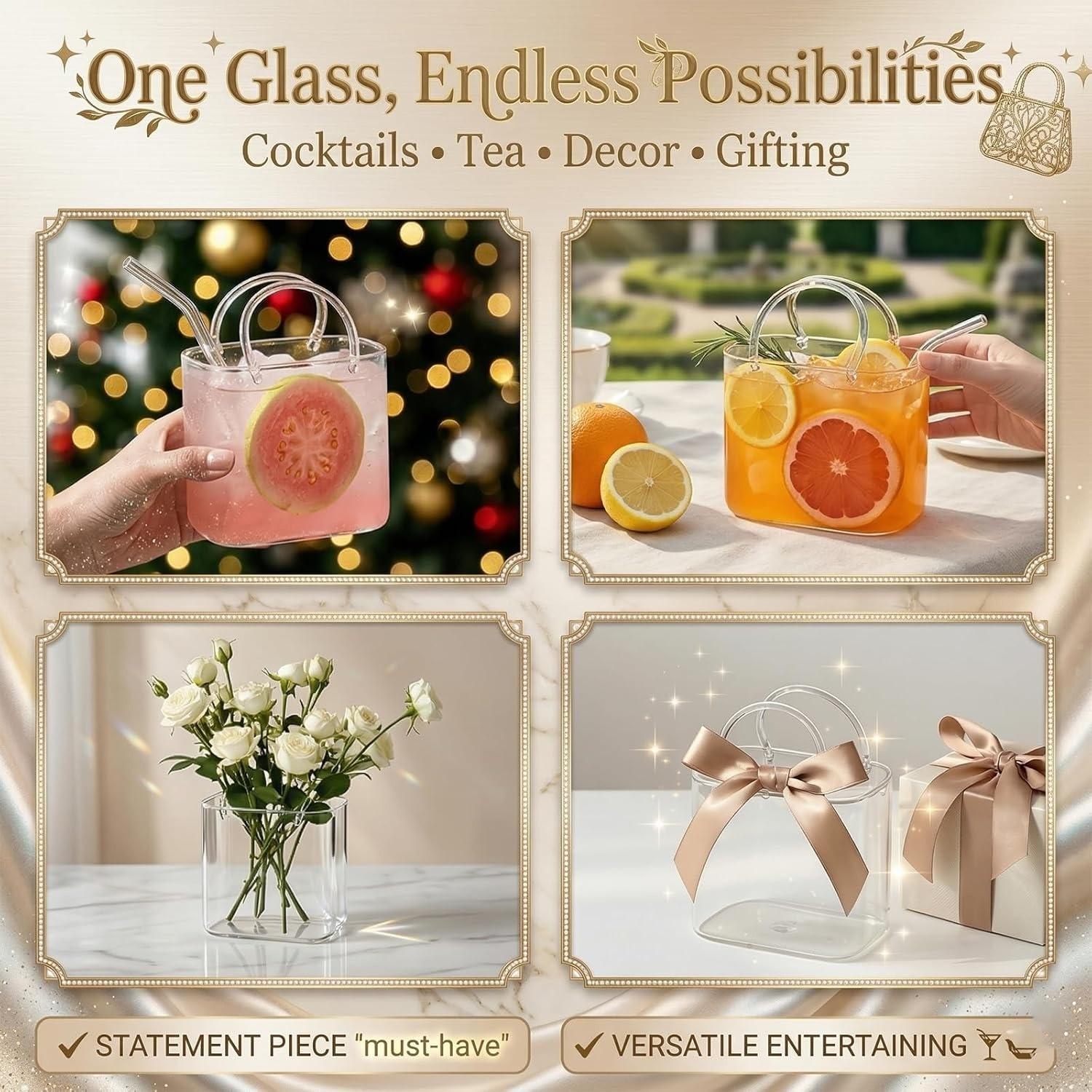 Glass Handbag Shape Cocktail Cup, Unique Handle and Straw Wine Glass Vase, Room Decor Juice Afternoon Tea Flower Picnic Cup