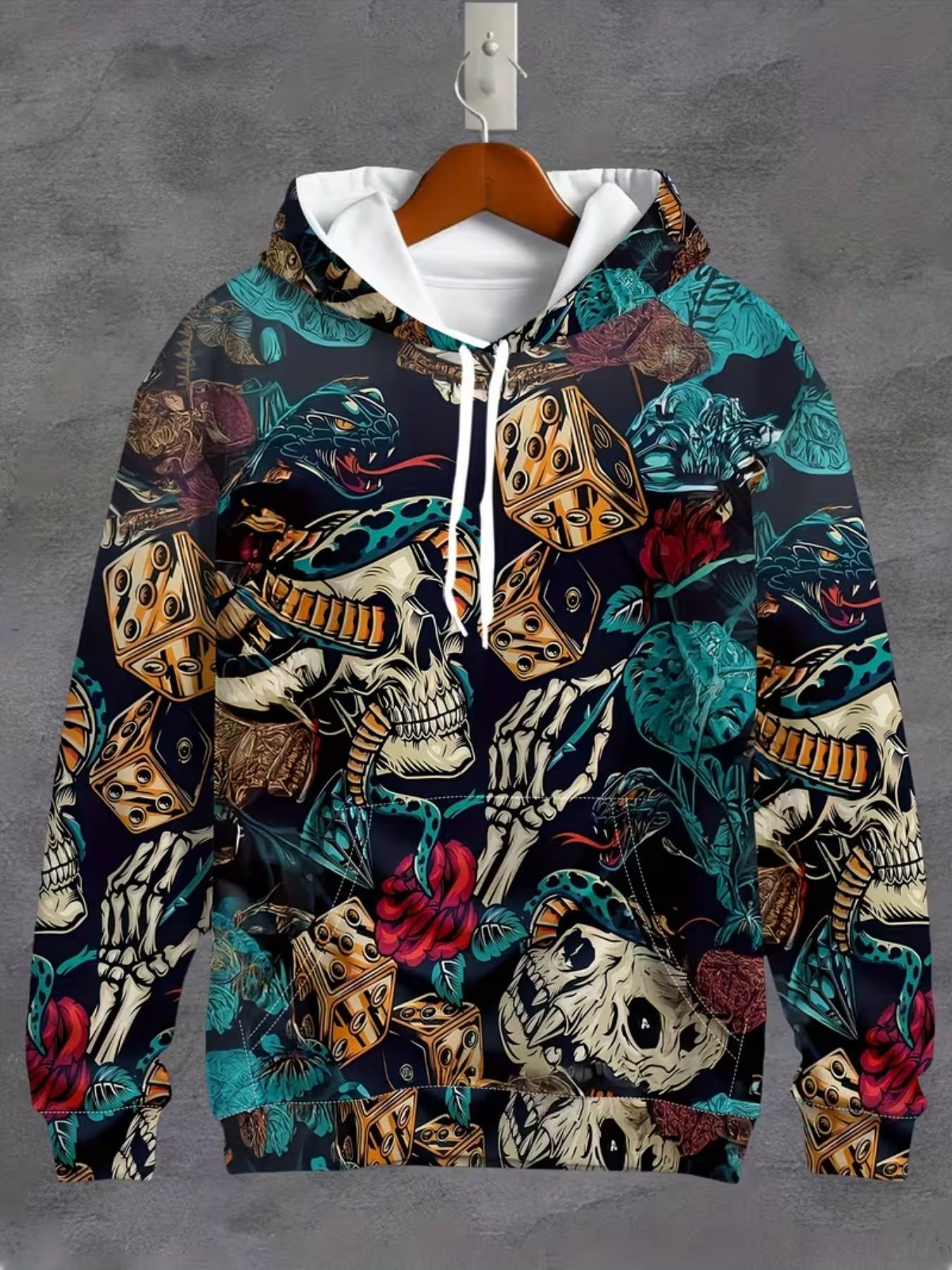 Men's 3D Skull Snake Print Hoodie, Long Sleeve Pullover, Casual Fitted Jacket, Urban Style, Comfortable Fabric