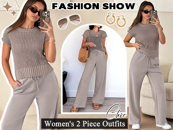 ANRABESS Women Summer Two Piece Sets Crochet Sheer Knit Sweater Top Wide Leg Pants Lounge Matching Sets Sweatsuit Comfort Vacation Going Outfits