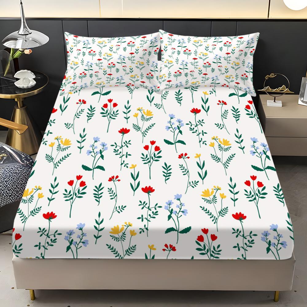 Three pieces with small floral patterns in the three primary colors  Print Fitted Sheet Set (1 Fitted Sheet + 2 Pillowcases), Casual Style, High-Quality Bedding for Bedroom or Guest Room