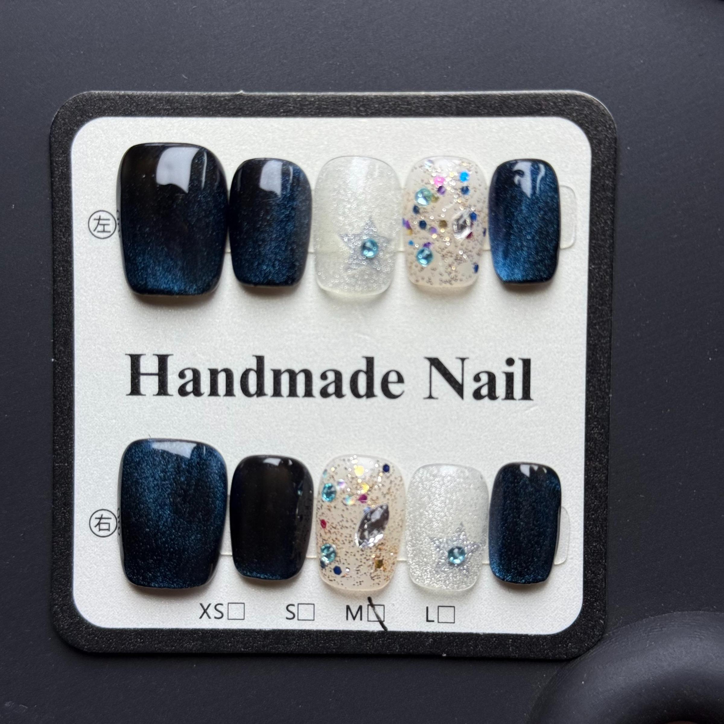 No Cheap Flair! Black Silver Color Block Exquisite Hand-Painted Press On Fake Nails, Reusable, 3D Star Glitter Design, Euro-Style Luxury Nails