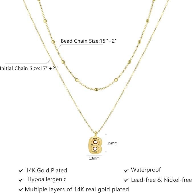 Tewiky 14K Gold Plated Layered Bubble Letter Copper Necklace for Women, Balloon Initial Necklaces Personalized Gold A-Z Alphabet Pendant Cute Name Choker Necklace Women Charm Jewelry Gift For Valentine's Day gifts