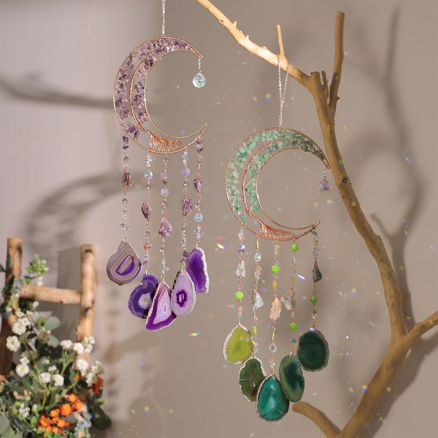 Gemstone Moon Suncatcher - Copper Wire Wrapped Tree of Life & Natural Agate Slice Wind Chimes, Crystal Rainbow Maker for Home Window, Garden & Wedding Decor, Perfect Birthday Gift