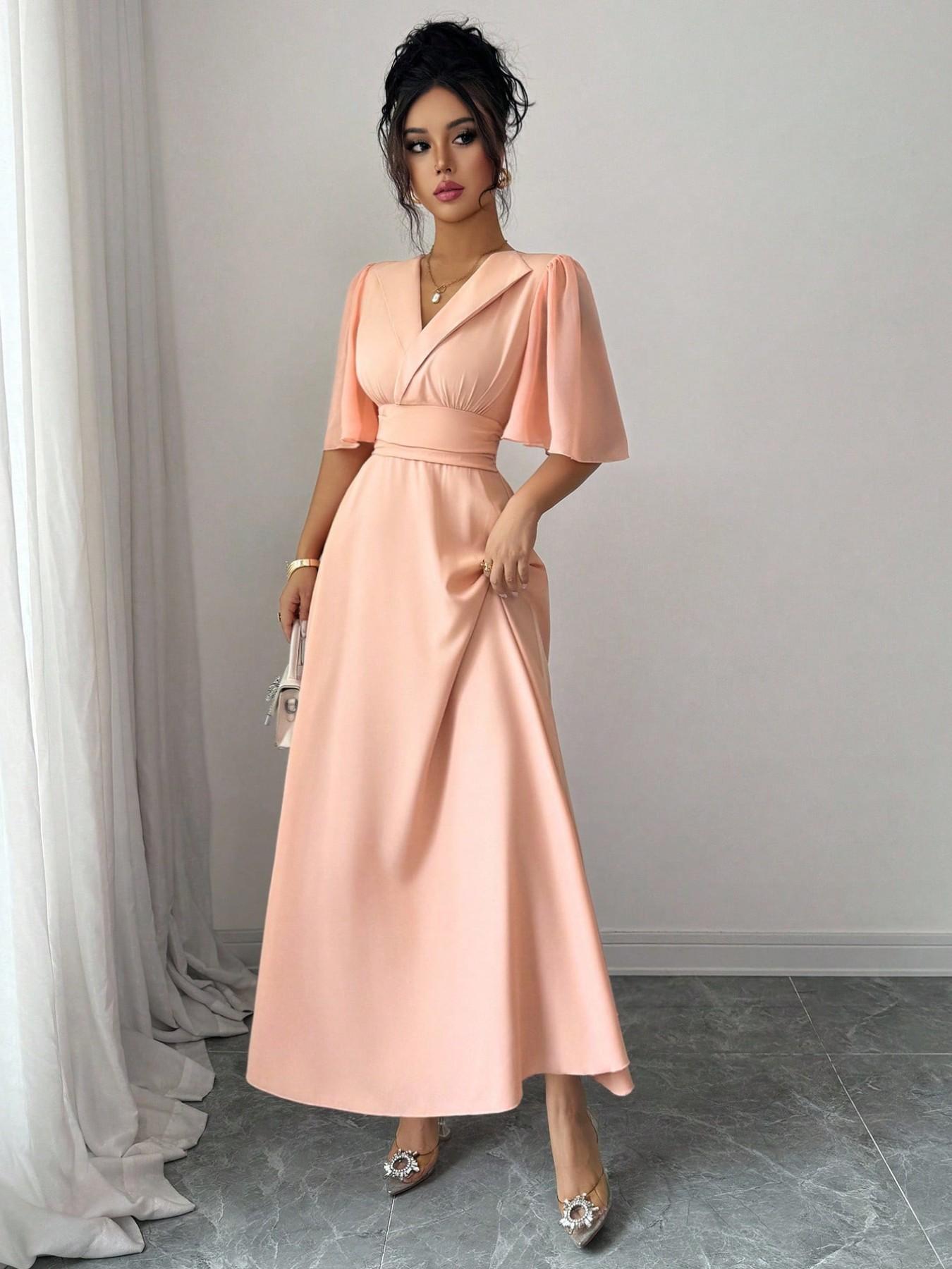 New Women's Lapel Neckline Dress, Waist Ruched Back Tie Chiffon Patchwork, Peplum Sleeves Design, Casual Elegant Chic Summer Dress
