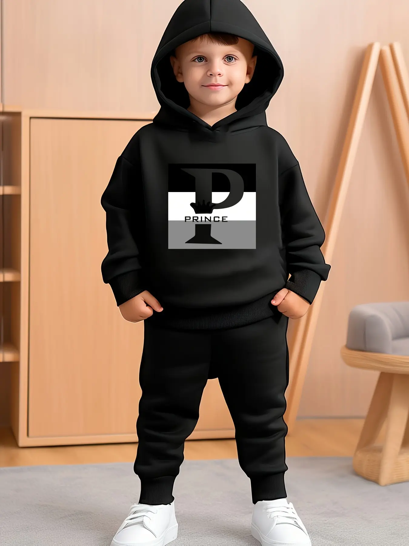 Boys' Letter Print Hoodie Set, American Vintage Style, Cartoon Pattern, Loose-Fitting, Spring & Fall, Two-Piece