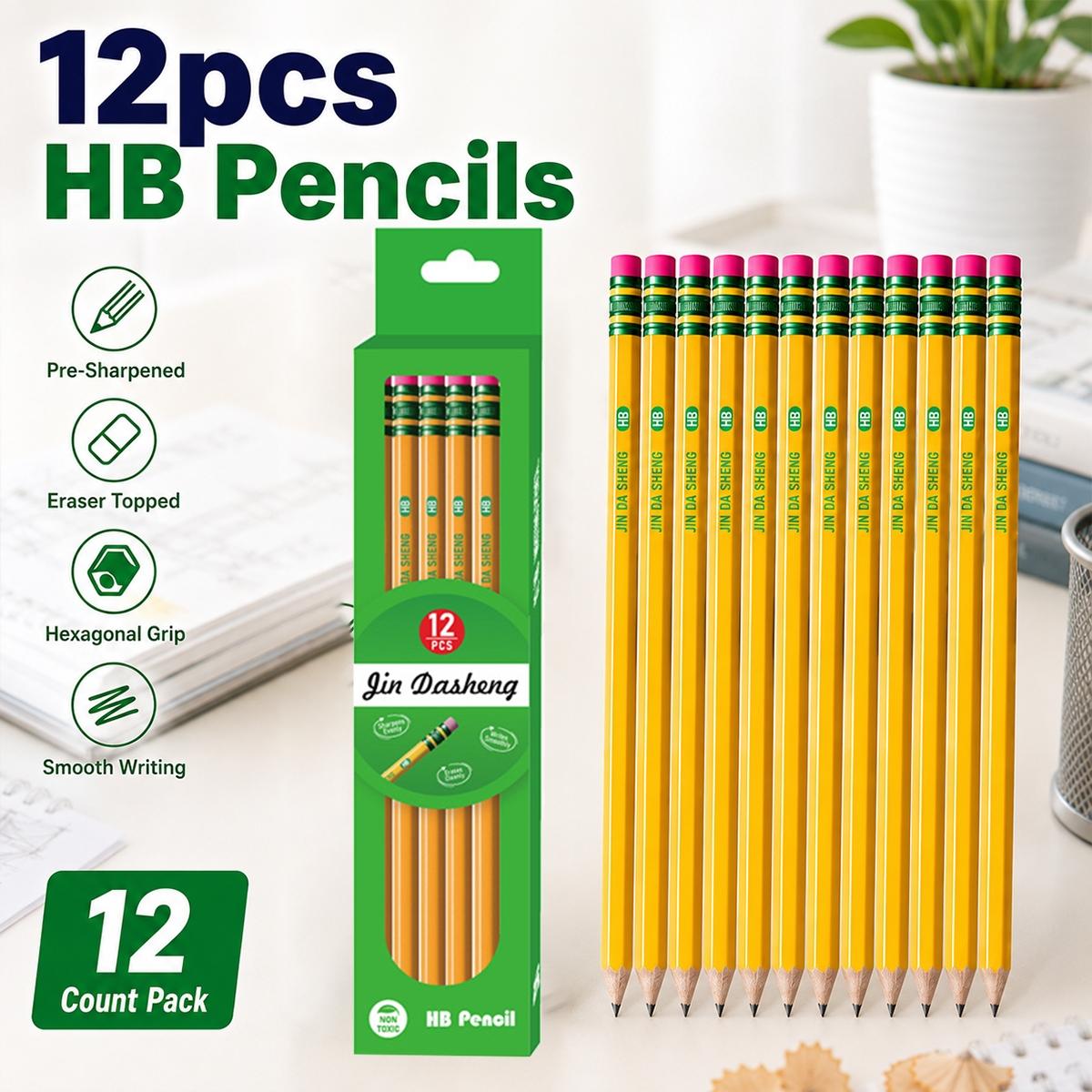 12/24PCS Pre-Sharpened HB Pencils Set, Yellow Hexagonal Wooden Writing Pencils with End Eraser, Smooth Graphite Lead, Easy Sharpening and Comfortable Grip for Students, School Supplies, Drawing, Sketching, Notes, Exams and Office Use