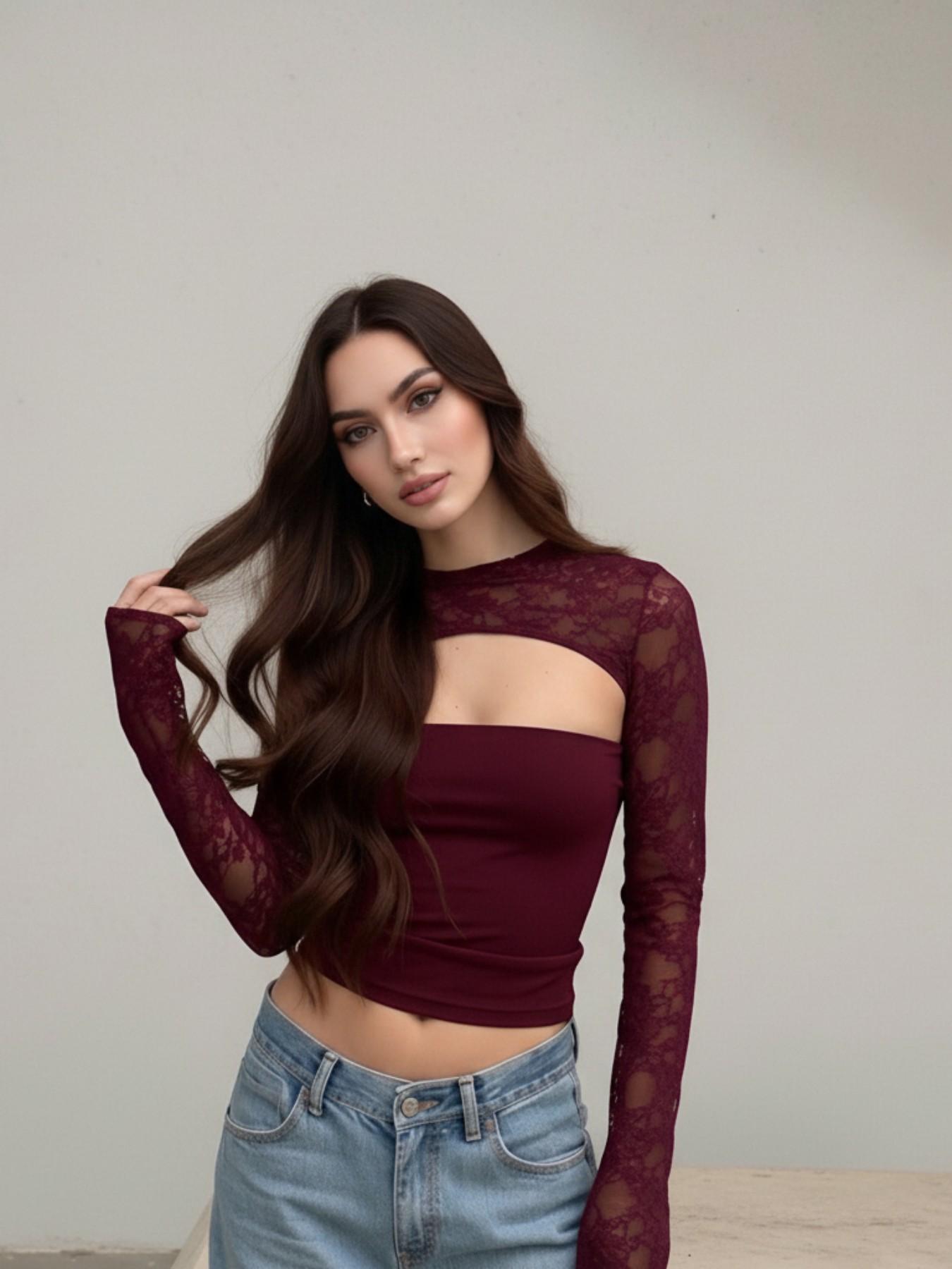 Elegant Lace Hollow Out Flare Sleeve Top, Vintage Slim-Fit Style that Shows an Elegant Look, Perfect for Any Occasion Blouse