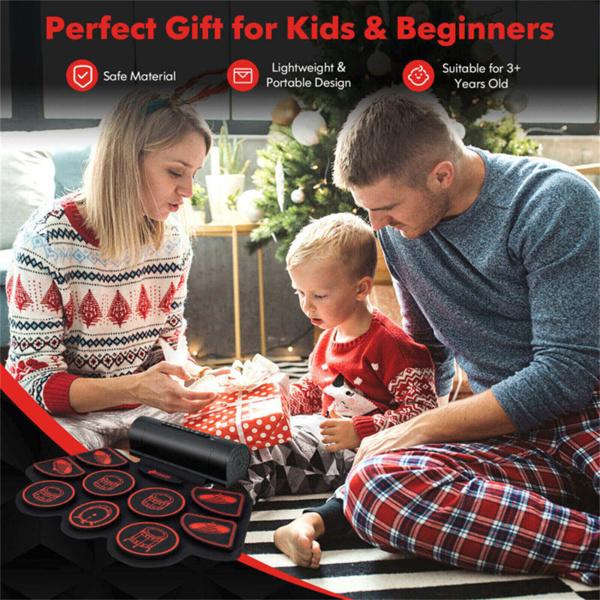 9-Pad Electric Drum Set for Beginners, MIDI USB Connection Dual Stereo Speakers Black+Red