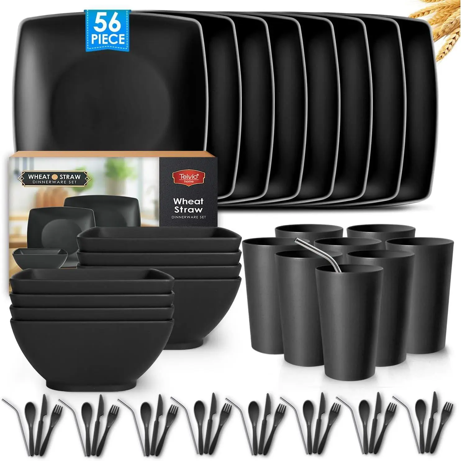 56-Piece Wheat Straw Tableware Set for 8 - Unbreakable Lightweight Plastic Camping Gear with 13.5oz Square Dinner Plates, Bowls, Stainless Tumblers, Cutlery, Dishwasher-Safe Black Casual Kitchen Set
