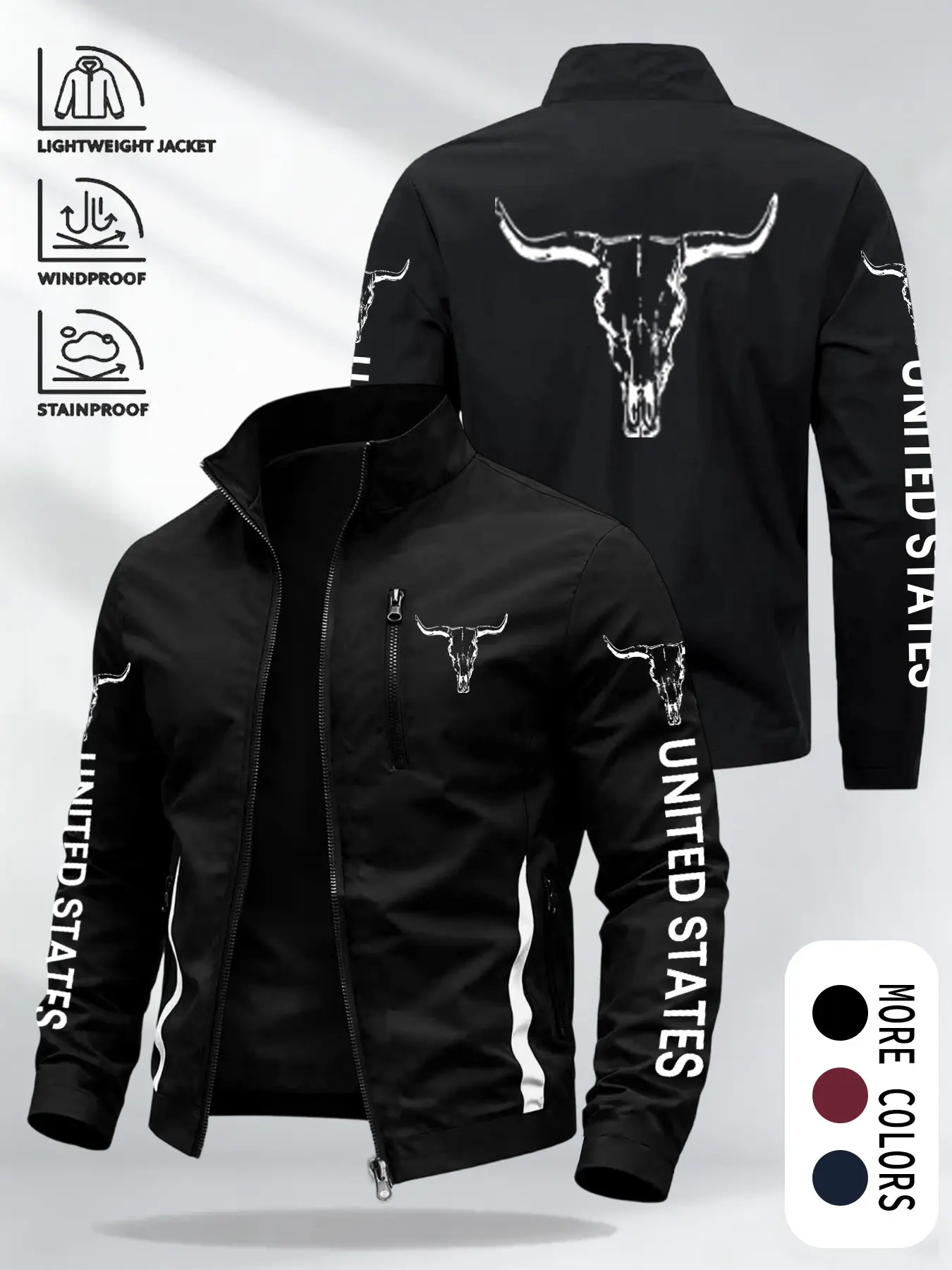 Men's Stand Collar Windbreaker Jacket, Letter Bull Head Graphic Print, Zipper Design, Casual Outerwear for Fall Winter