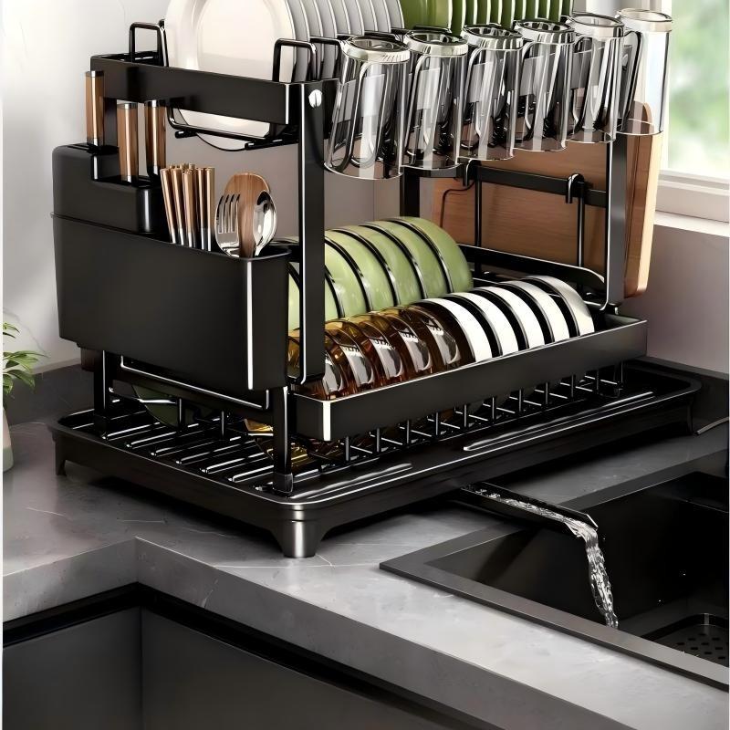 Thick Two-Layer Kitchen Drying Rack with Bottom Tray, Large Capacity Cutlery Drying Rack, Multi-Functional Storage Organizer for Kitchen