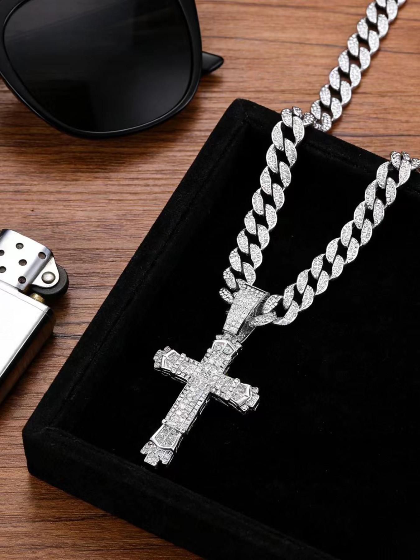 Rhinestone Decorated Cross Pendant Necklace, Cross Necklaces, Cuban Link Chain, Fashion Jewelry for Party, Daily Wear Accessory, Trendy Versatile Jewelry for Birthday Gifts, Fashionable Jewelry Accessories