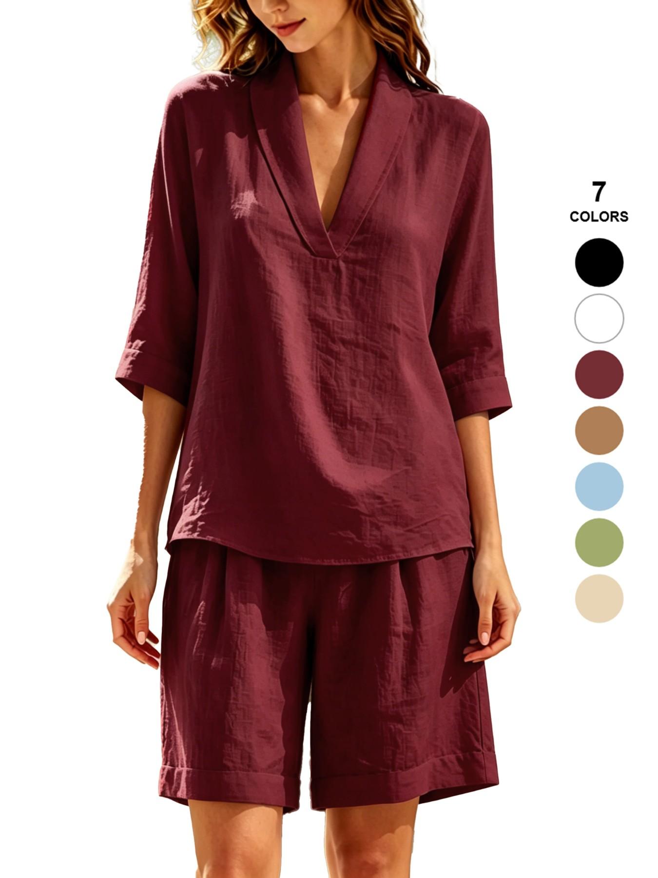 Spring Summer Women's Two-Piece Set, Sexy V-Neck Baggy Short Sleeve T-Shirt Top, Wide Leg Shorts, Beach and Vacation Casual Fashion Loungewear Clothes