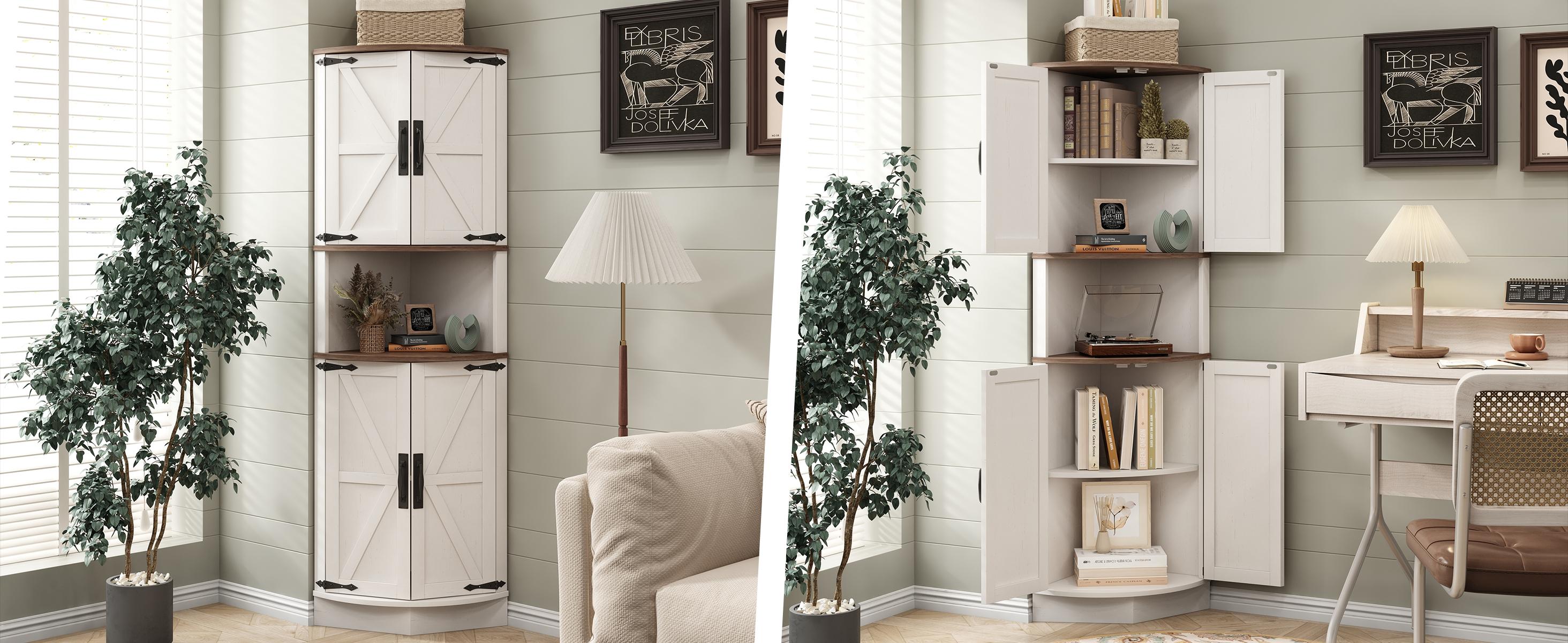 Vabches 64.8" Tall Farmhouse Corner Cabinet with 4 Doors and 5 Storage Shelves, Farmhouse Storage Cabinet with Barn Door Design, Home Space Saver for Living Room, Kitchen, Laundry Room
