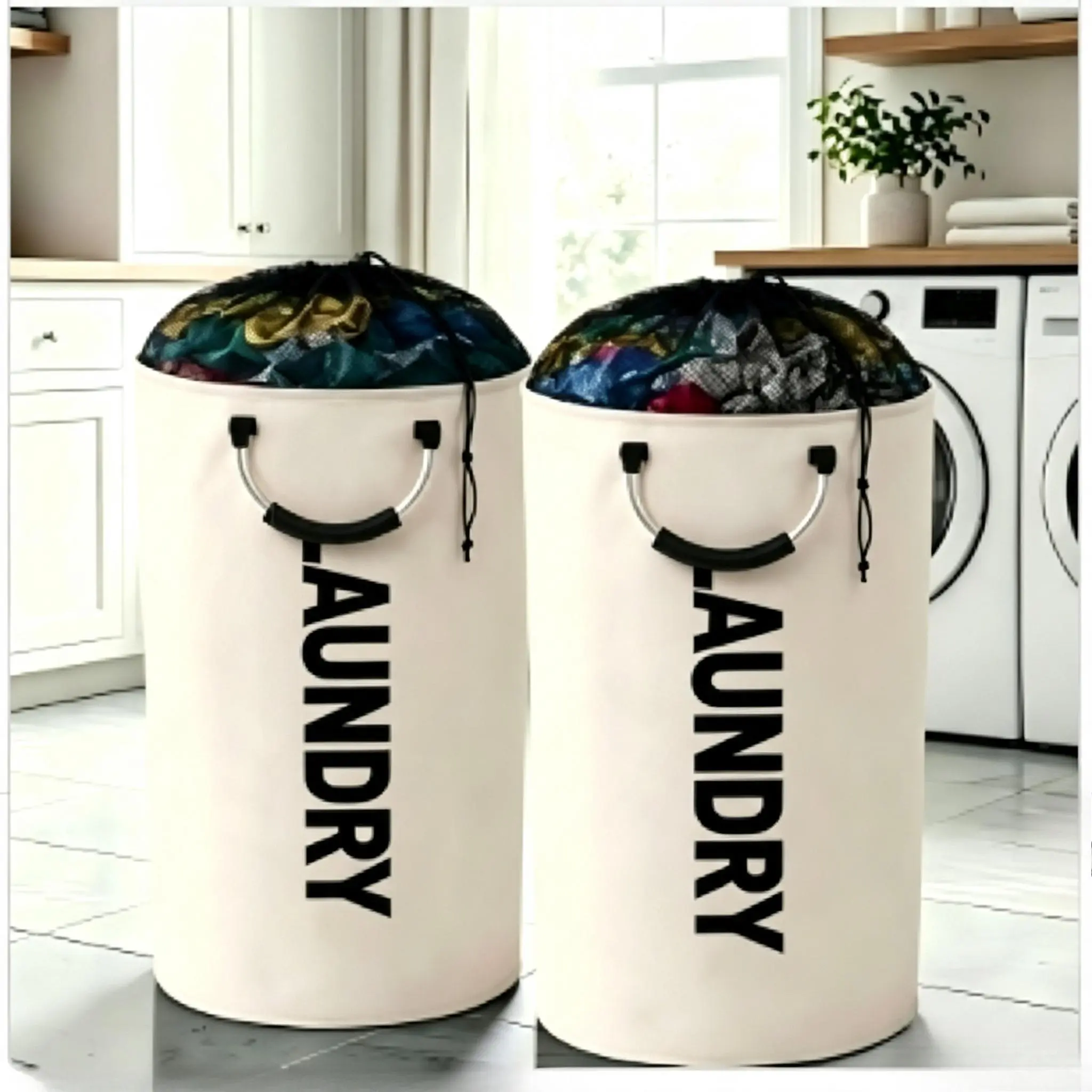 BY-2-Pack Modern Foldable Cloth Laundry Baskets Set, Extra Large 25.1/30.38gal, Drawstring Closure, Ring Handles, Space-Saver Dirty Clothes Hamper for Bathroom Bedroom