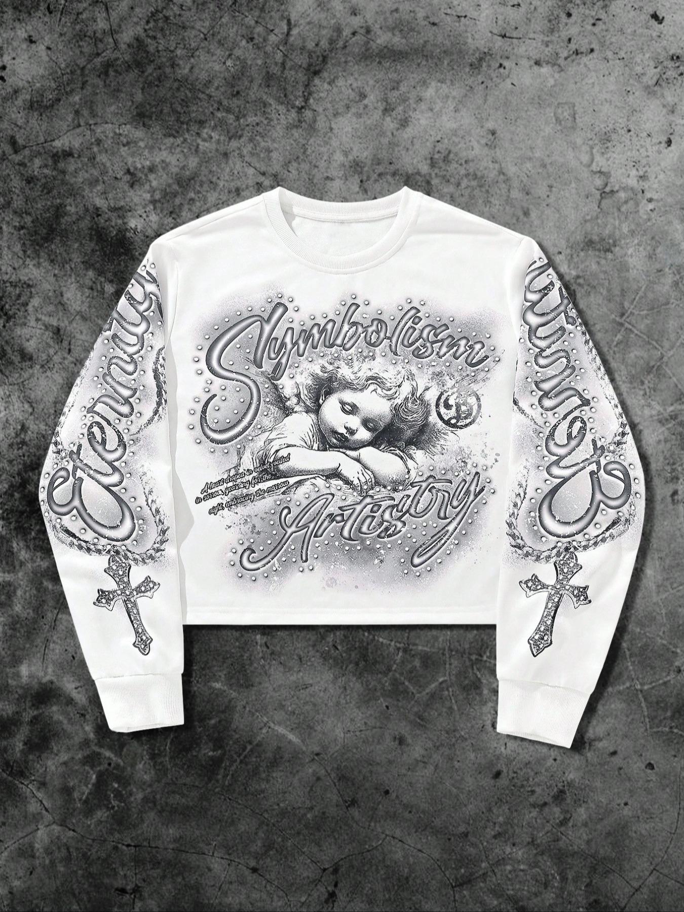 Men's Graphic Sweatshirt with Letter and Cross Print, Loose-Fitting Fall & Winter Pullover, Casual Angel Design Long Sleeve Top