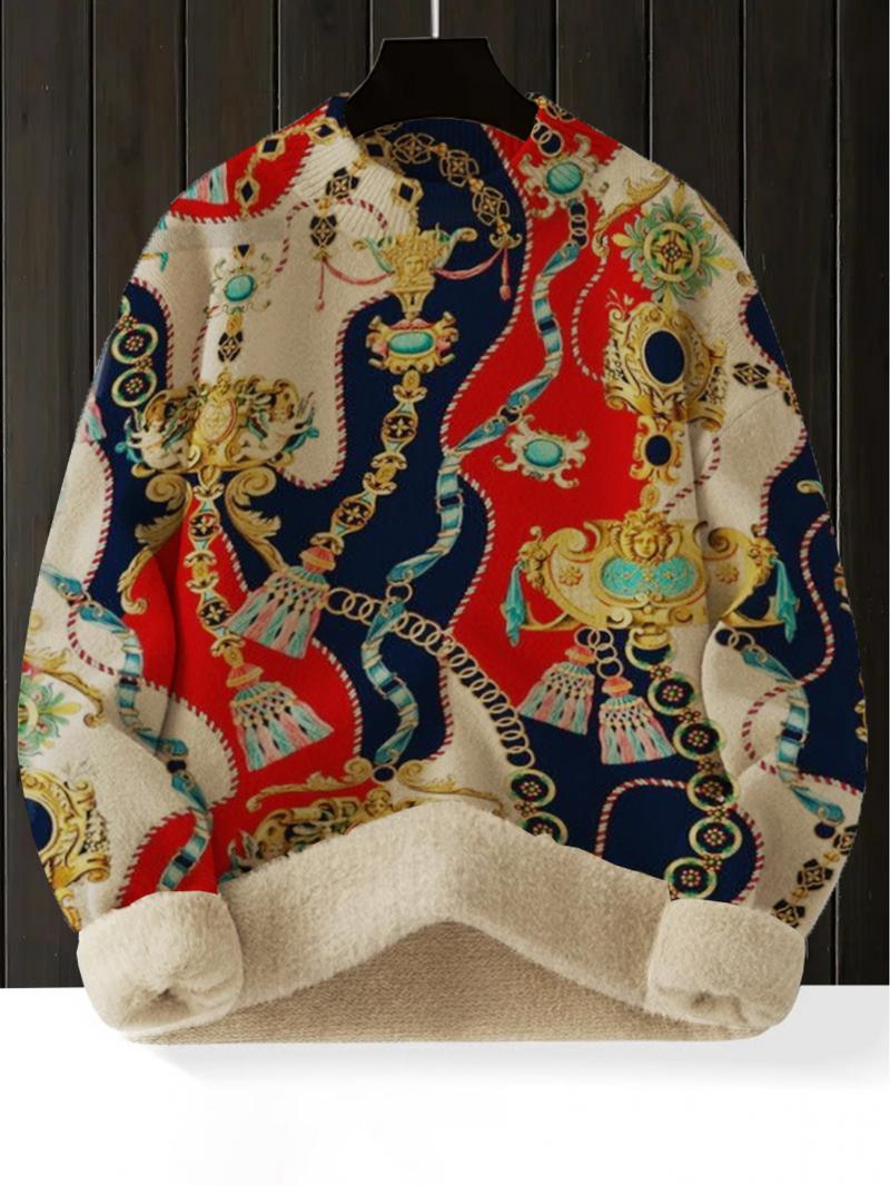Women's Elegant Baroque Print Stand Collar Sweater, Fall Winter Casual Long Sleeve Knitwear, Comfortable Warm Top for Daily Wear