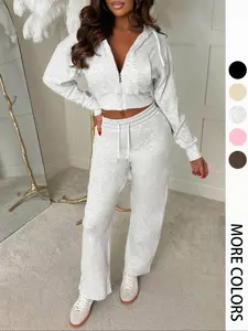 Women's Solid Zip Up Crop Cropped Drawstring Hoodie & Drawstring Waist Sweatpants Two-piece Set Top, Casual Fashion Cozy Breathable Two Piece Outfits for Daily Outdoor Wear, Women Clothes for Fall & Winter, Womenswear