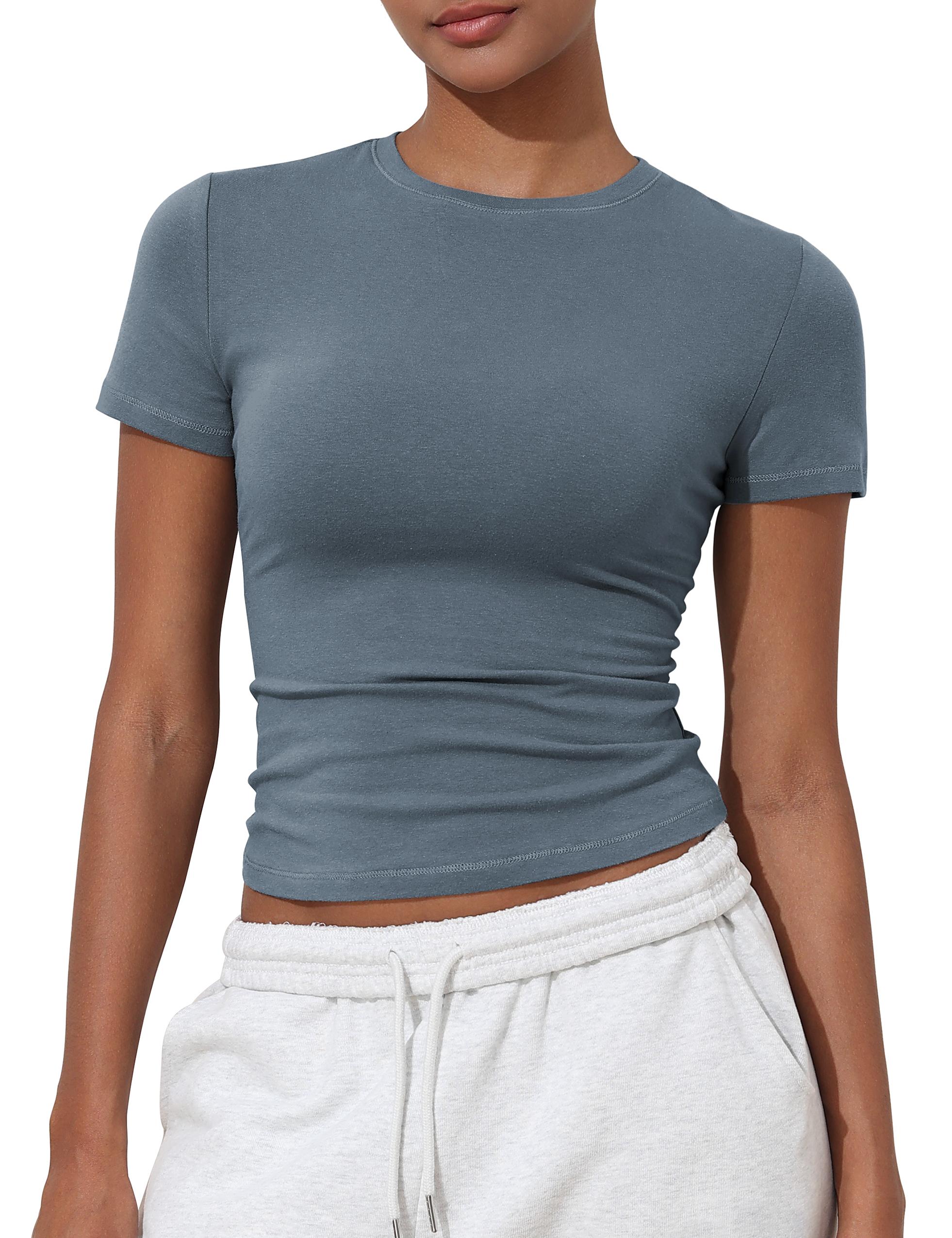 Hilor Women's Casual Basic T-Shirts Going Out Crop Tops Cotton Short Sleeve Tees Tight Fitted Crewneck T Shirts