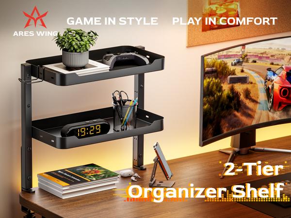 ARES WING 2-Tier Clamp On Desk Shelf, 16 inch Adjustable Above or Under Desk Storage Shelves Holds 44 lbs, Heavy Duty Desktop Organizer with Headphone Holder for Working and Gaming Accessories, Black