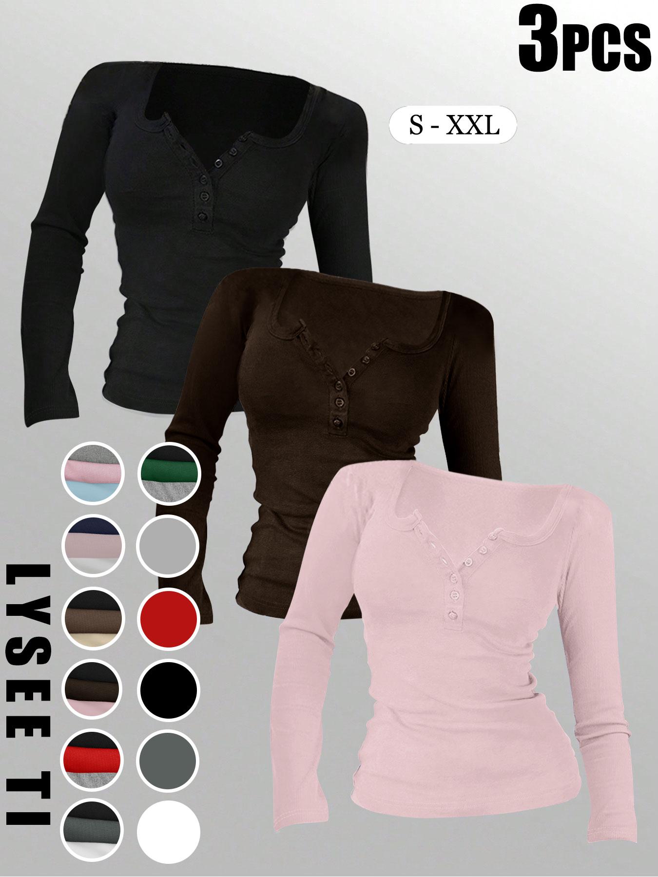 3pcs Autumn And Winter Women'S Casual Fashion Sporty Tee Set, With Multi Button Design, Solid Color Round Neck Long Sleeved Top, Athleisure Wear Set