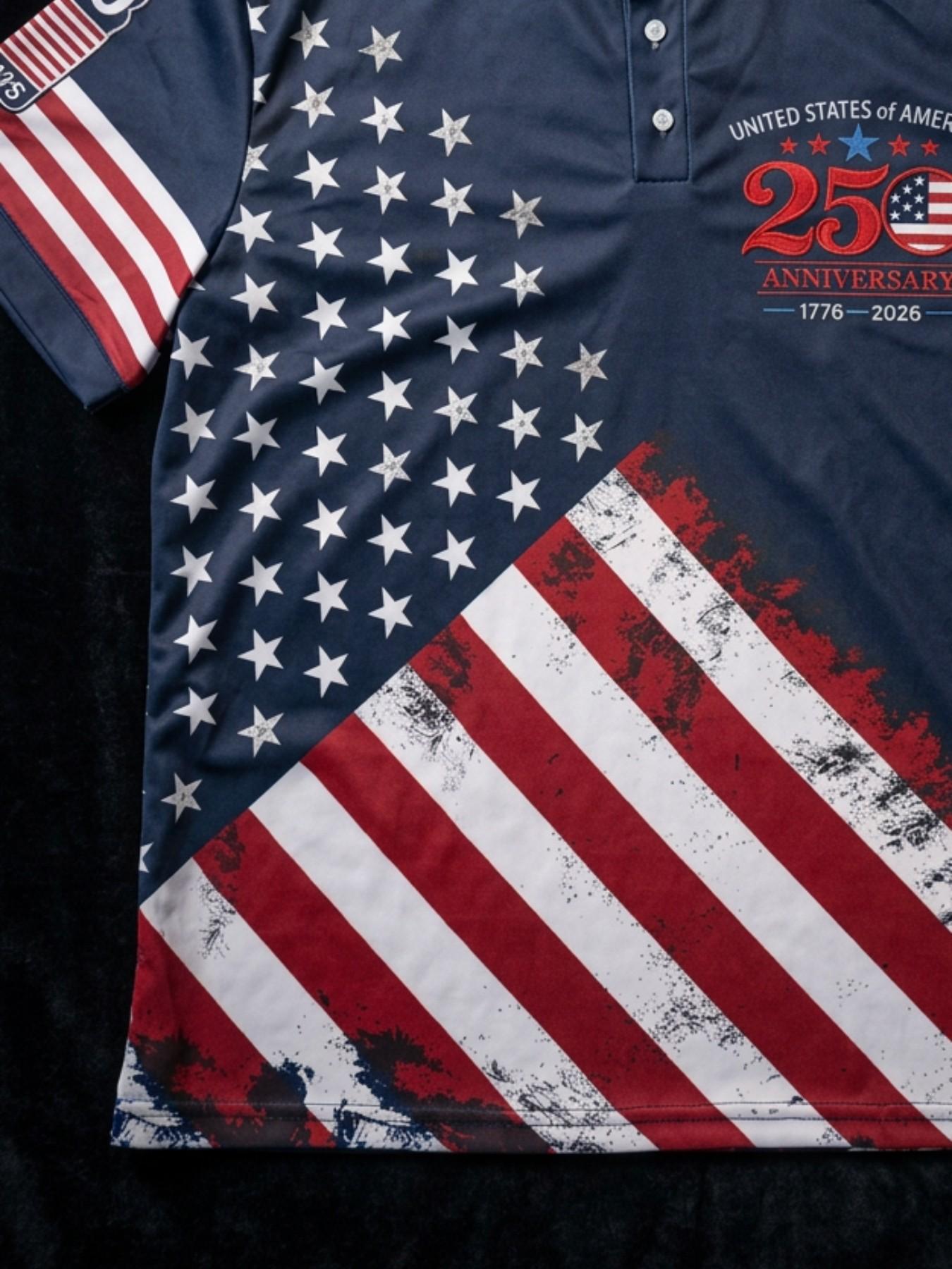 Patriotic American Flag Polo Shirt for Men, 250th Anniversary 1776-2026, Sporty Fitted Geometric Design, Ideal for 4th of July Gifts
