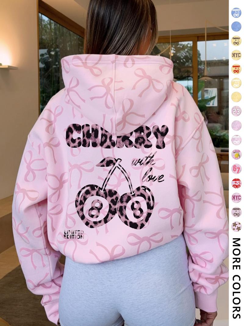 Women's Hooded Sweatshirt with Bow Print, Long Sleeve Fitted Casual Top, Spring & Fall Fashion, Perfect Gift for Valentine's Day Women's Hooded Sweatshirt with Bow Print, Long Sleeve Fitted Casual Top, Spring & Fall Fashion, Perfect Gift for Valentine's Day