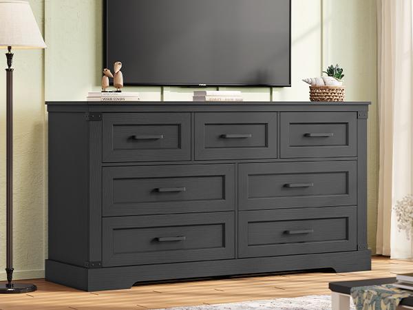Hasuit Black Dresser for Bedroom, Wooden 55.1" Long Dressers Chest of Drawer, Farmhouse 7 Drawer Dresser with Thick Styling, Large Capacity Storage Cabinet Organizer, Wide Dressers for Bedroom Hallway