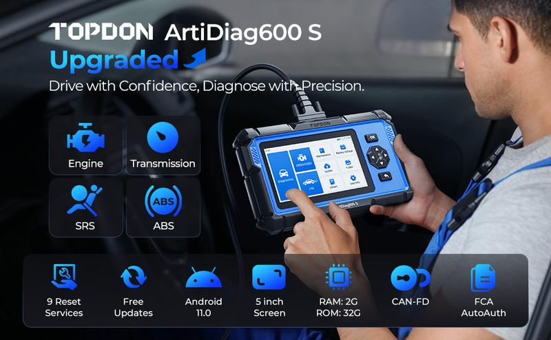 TOPDON AD600S Car Vehicle OBD2 Scanner, Diagnostic Tool, ABS SRS Transmission Engine Code Reader, 9 Reset Services Scan Tool, Oil/Brake/BMS/SAS/DPF/TPMS/ETS Reset, Injector Coding, Lifetime Free Update