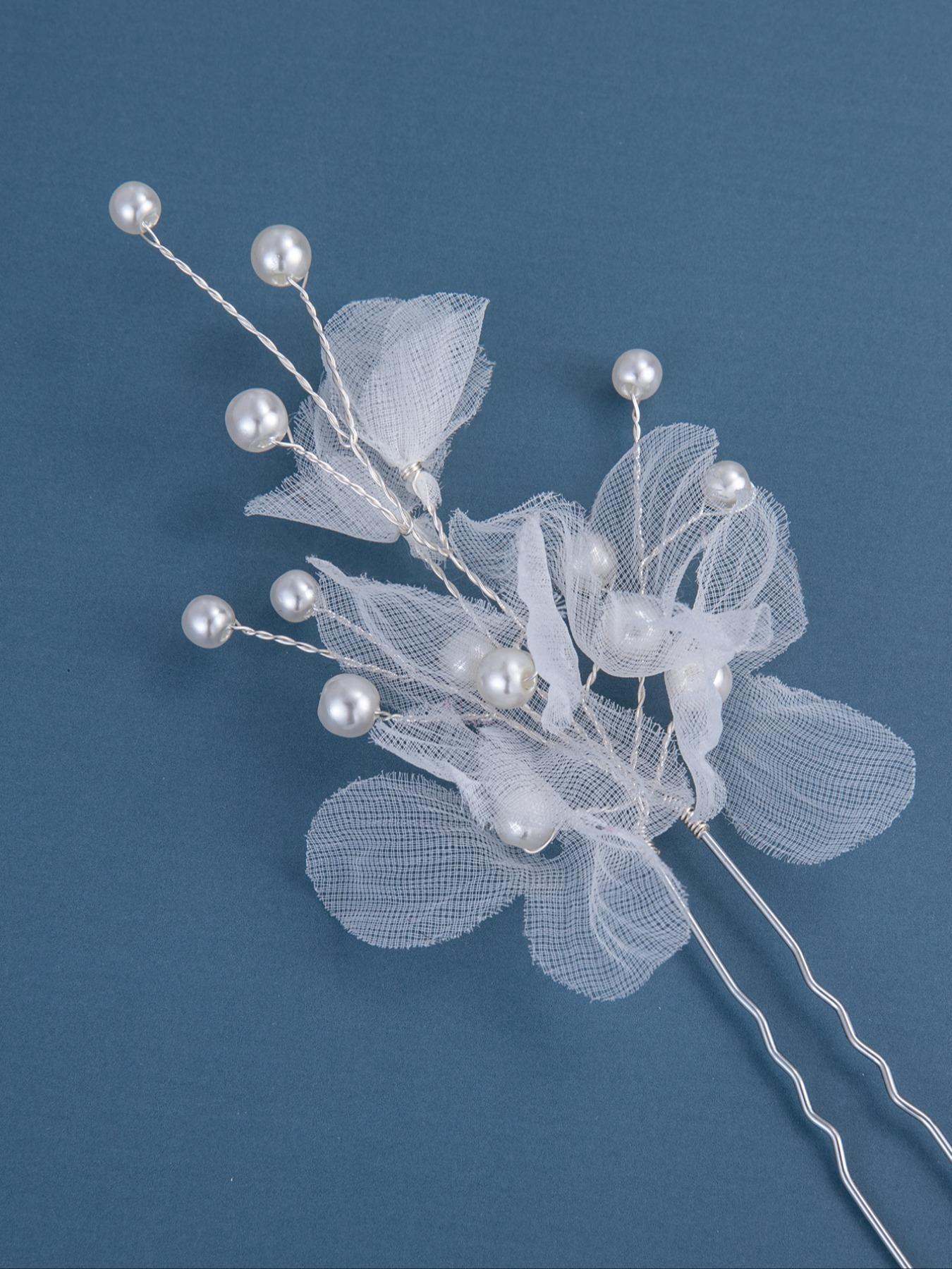 Elegant Net Flower Pearl Bridal Hair Pin Set, Boho Wedding Accessories, U-Shaped Hair Clip for Prom Evening Party Maid of Honor Look