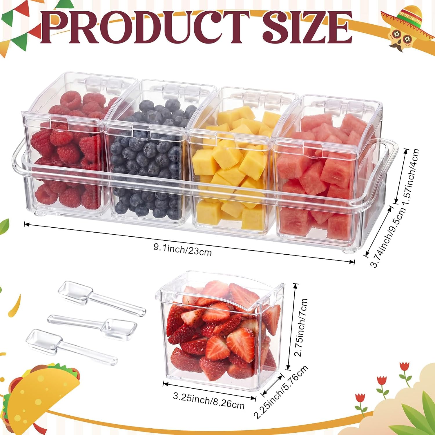 3 Sets Clear Ice Cream Toppings Containers with  and Spoons Condiment Boxes with  Rack Taco Bar Serving Set for Mexican Burrito Toppings  Salads (4 Cell)