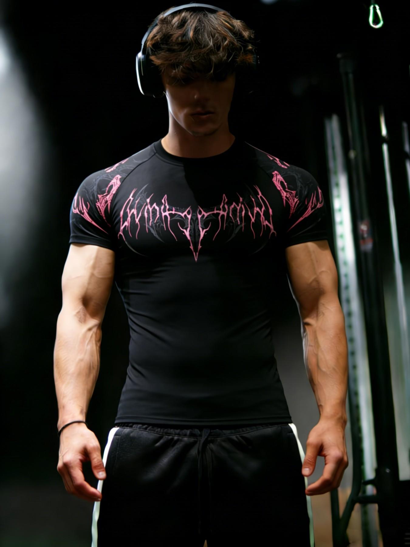 Men's Fitness T-Shirt with Thorn Print, High Elasticity Quick-Dry Fabric, Slim Fit for Gym Training, Casual Long Sleeve Top