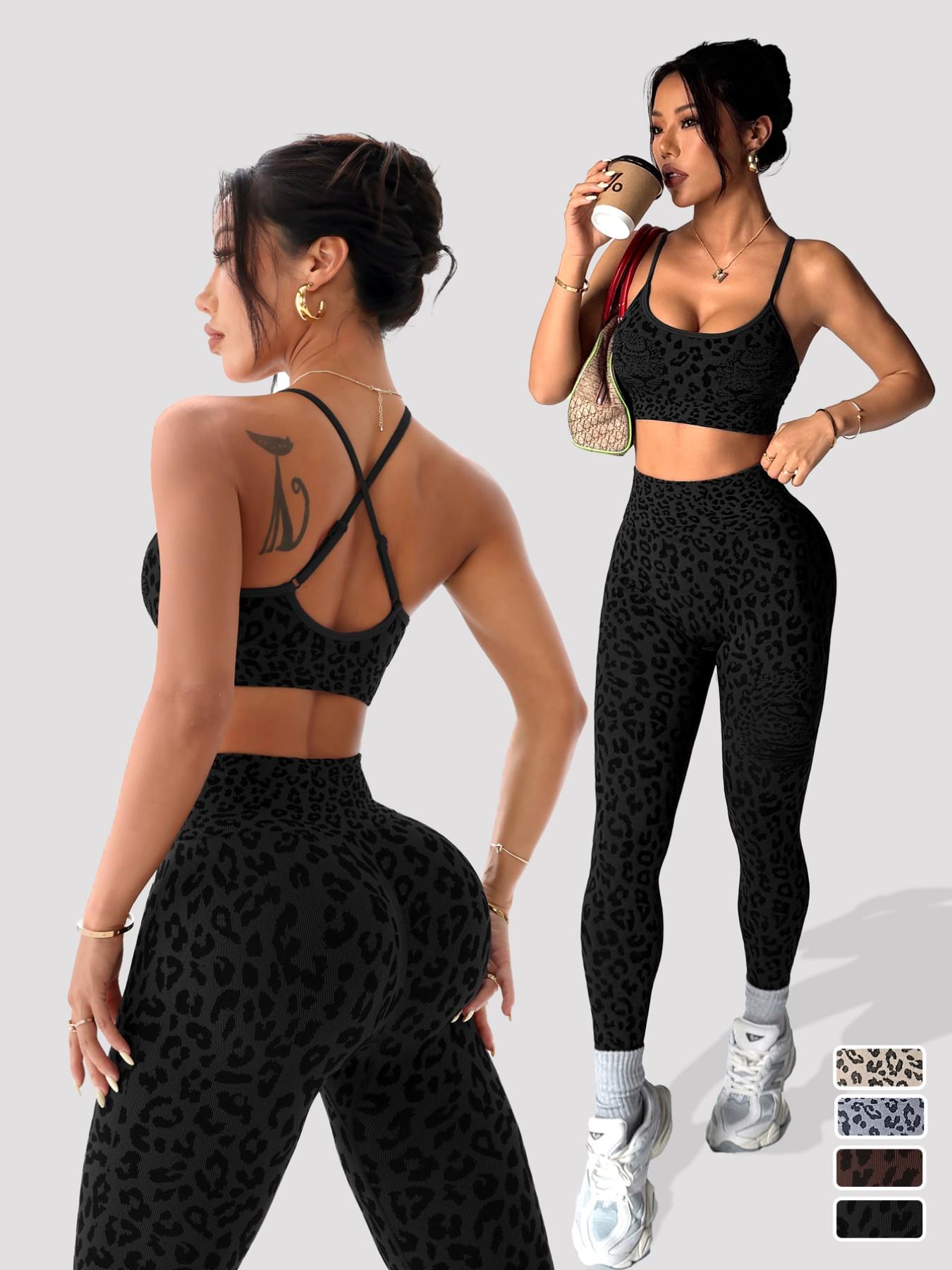 Women's Spring Summer Leopard Print Two-Piece Set, Fitted Sportswear Set, Matching Bodycon Athletic Workout Set, Athletic Clothing Set, Adjustable Straps Backless Top + High Waist Tummy Control Nine-Point Tight Yoga Pants